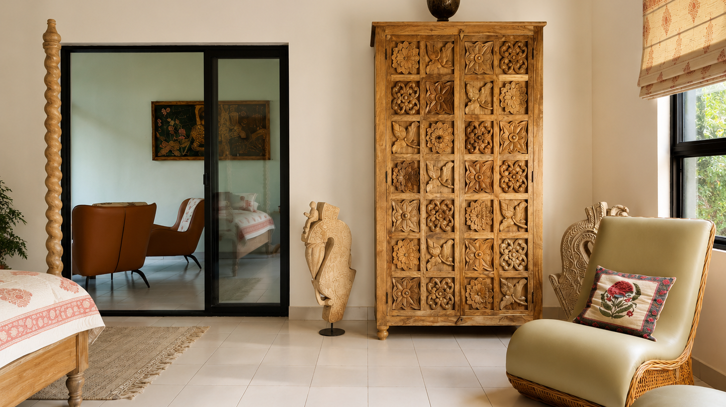 Charmi wardrobe hand carved floral design made of mango wood in a living room styling
