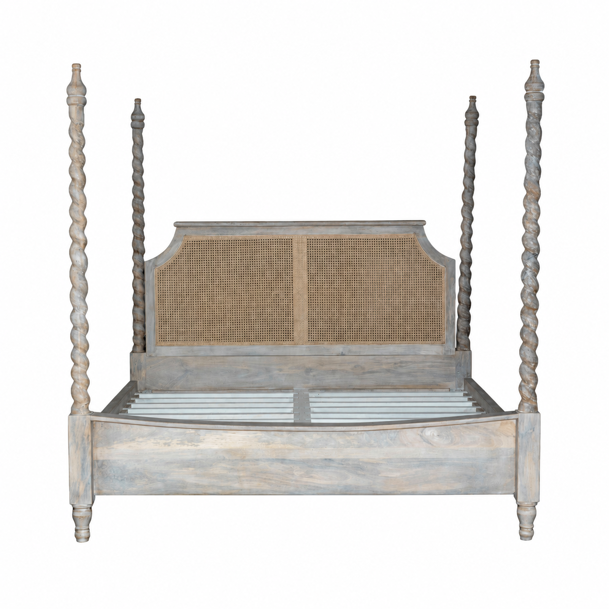 Image of a King-size four-poster bed frame Aadinath made of solid mango wood with hand-carved twisted posts and cane-panel headboard, shown in a natural washed finish; part of a sustainable wooden canopy bed collection.