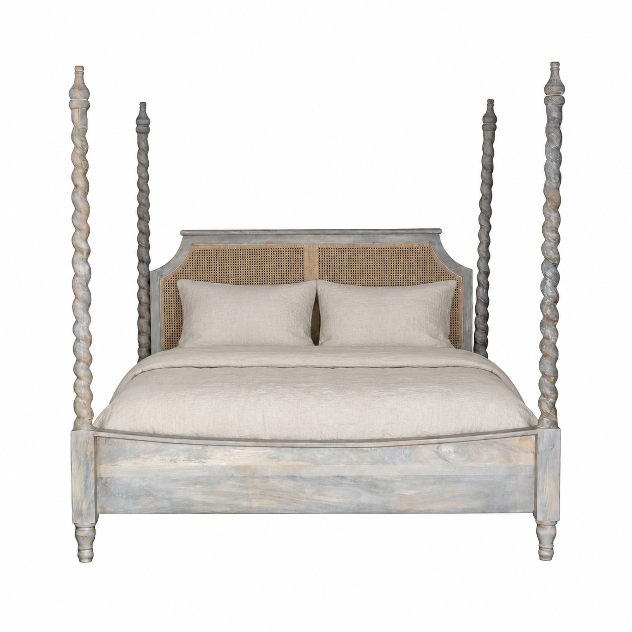 White background image of a King-size four-poster bed frame Aadinath made of solid mango wood with hand-carved twisted posts and cane-panel headboard, shown in a natural washed finish; part of a sustainable wooden canopy bed collection.