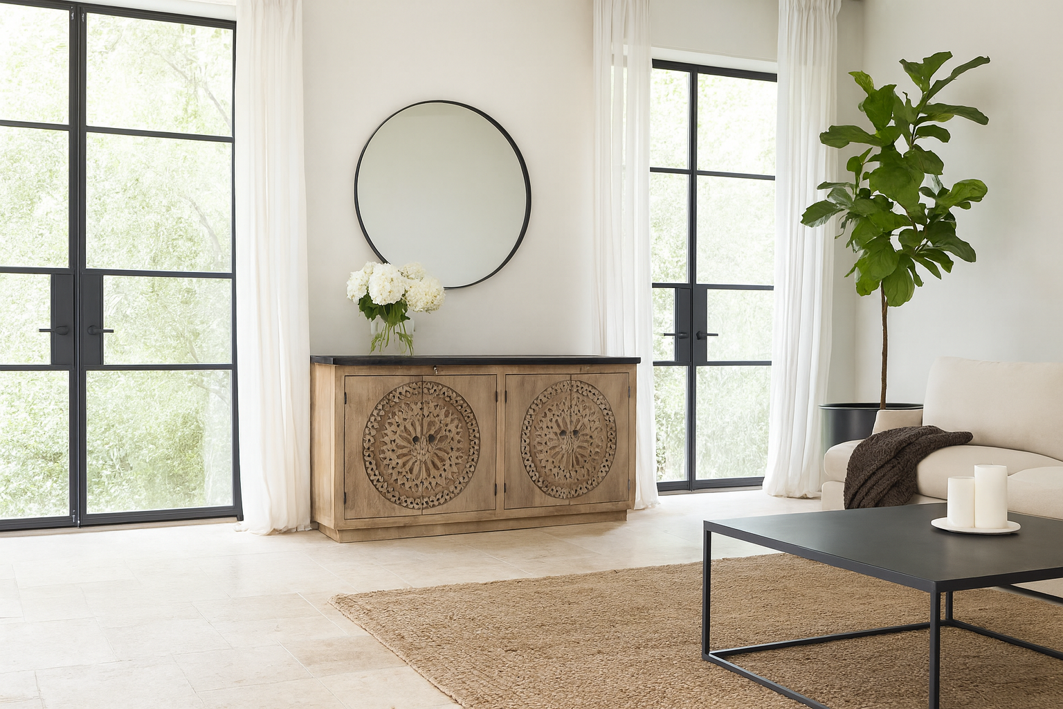 Lifestyle imagination of a handcrafted acacia wood sideboard with black marble top and ornate hand-carved doors – a luxurious piece of wood carved furniture.