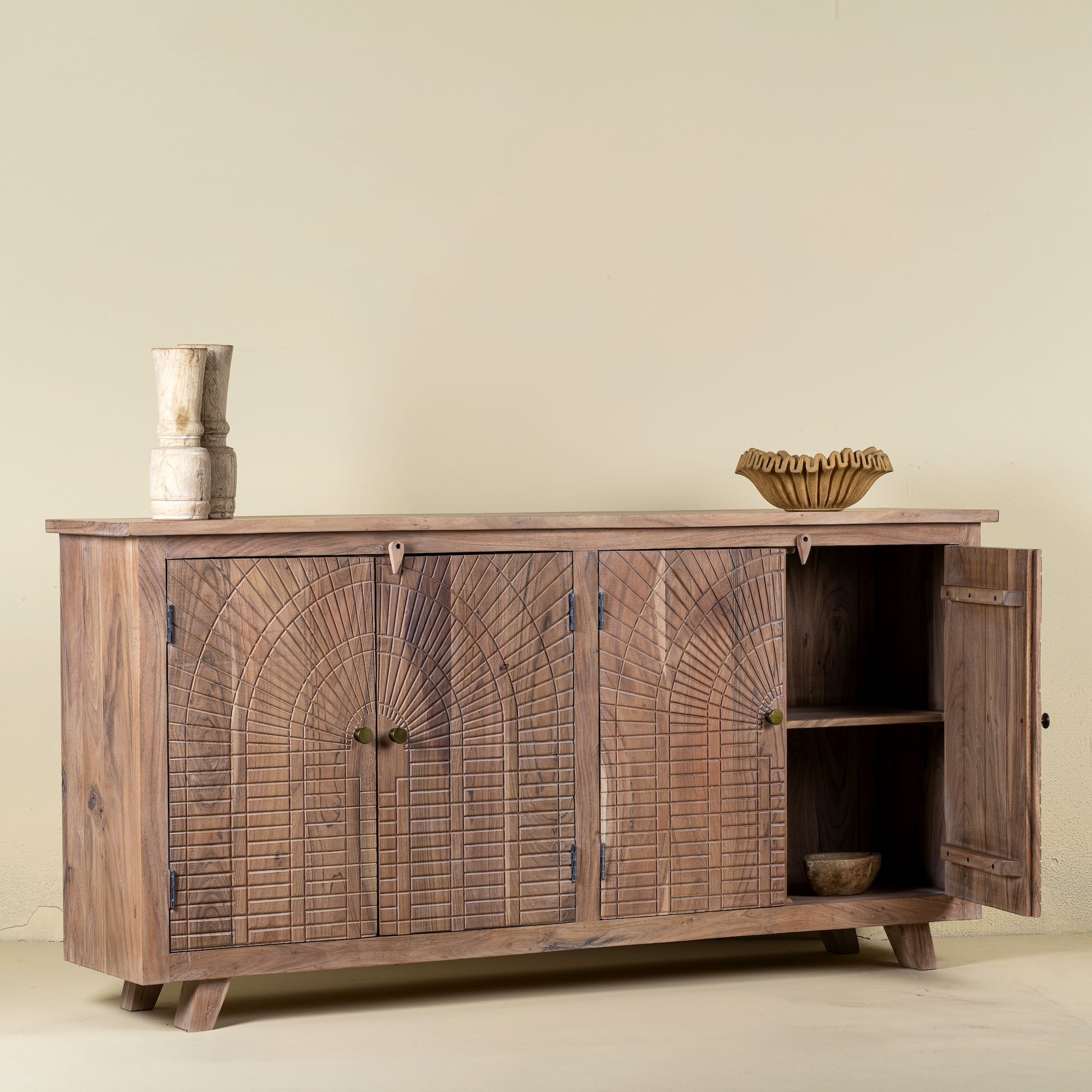 Open door image of a acacia wood cabinet with hand-carved geometric patterns, artisan carved wood furniture for living room storage, 180 × 40 × 90 cm.
