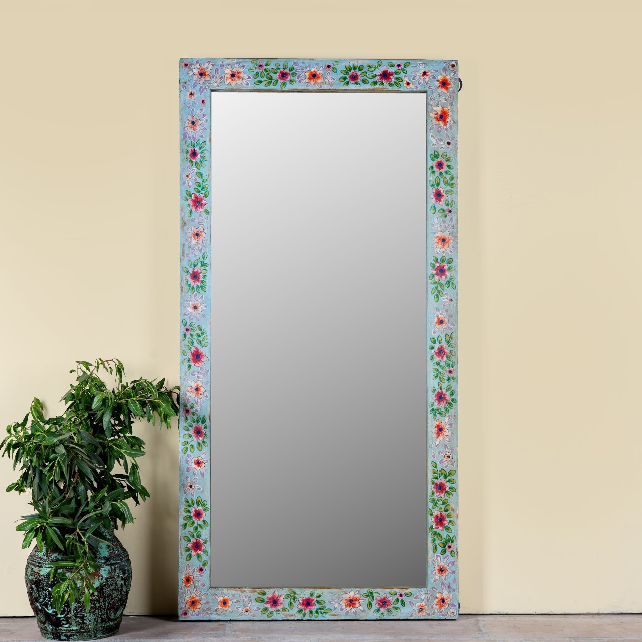Aakar hand painted reclaimed wood vintage wall mirror with colourful floral frame, 180x90cm