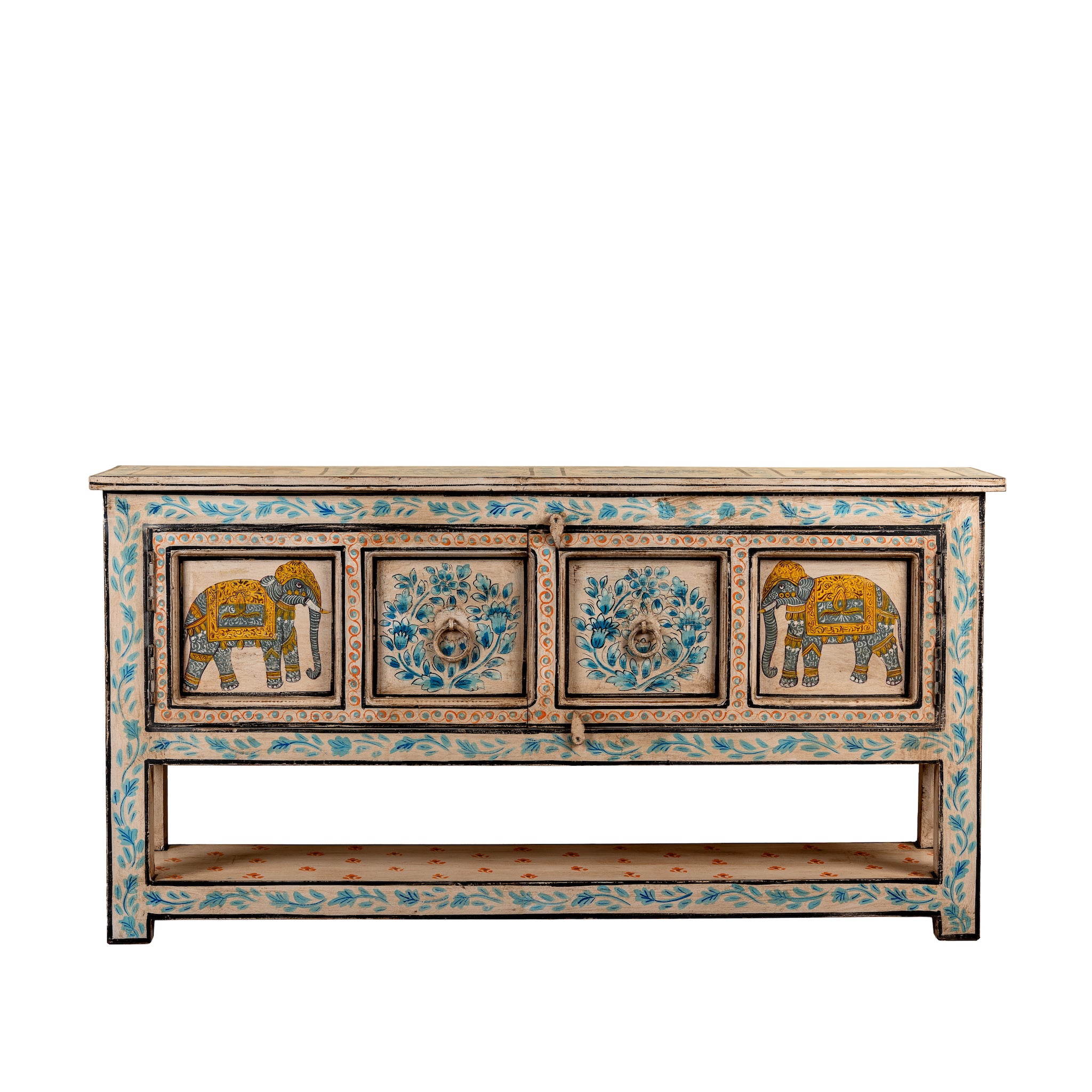 White background image of a Aakash hand painted reclaimed wood console table with blue floral and elephant motifs, storage and open shelf 114cm
