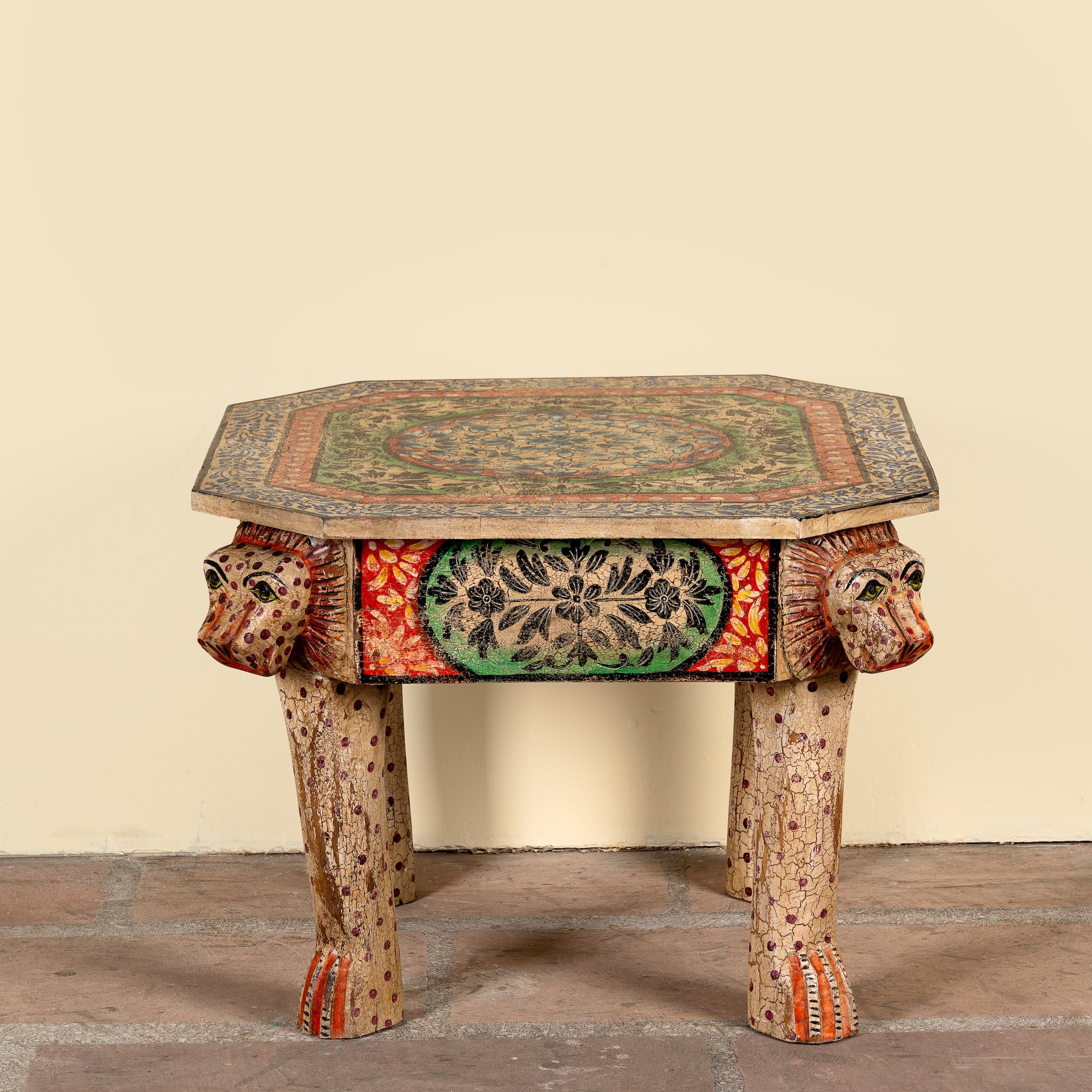 Aaroh hand-painted reclaimed wood coffee table with sculpted tiger heads and colourful ornamental design 80cm
