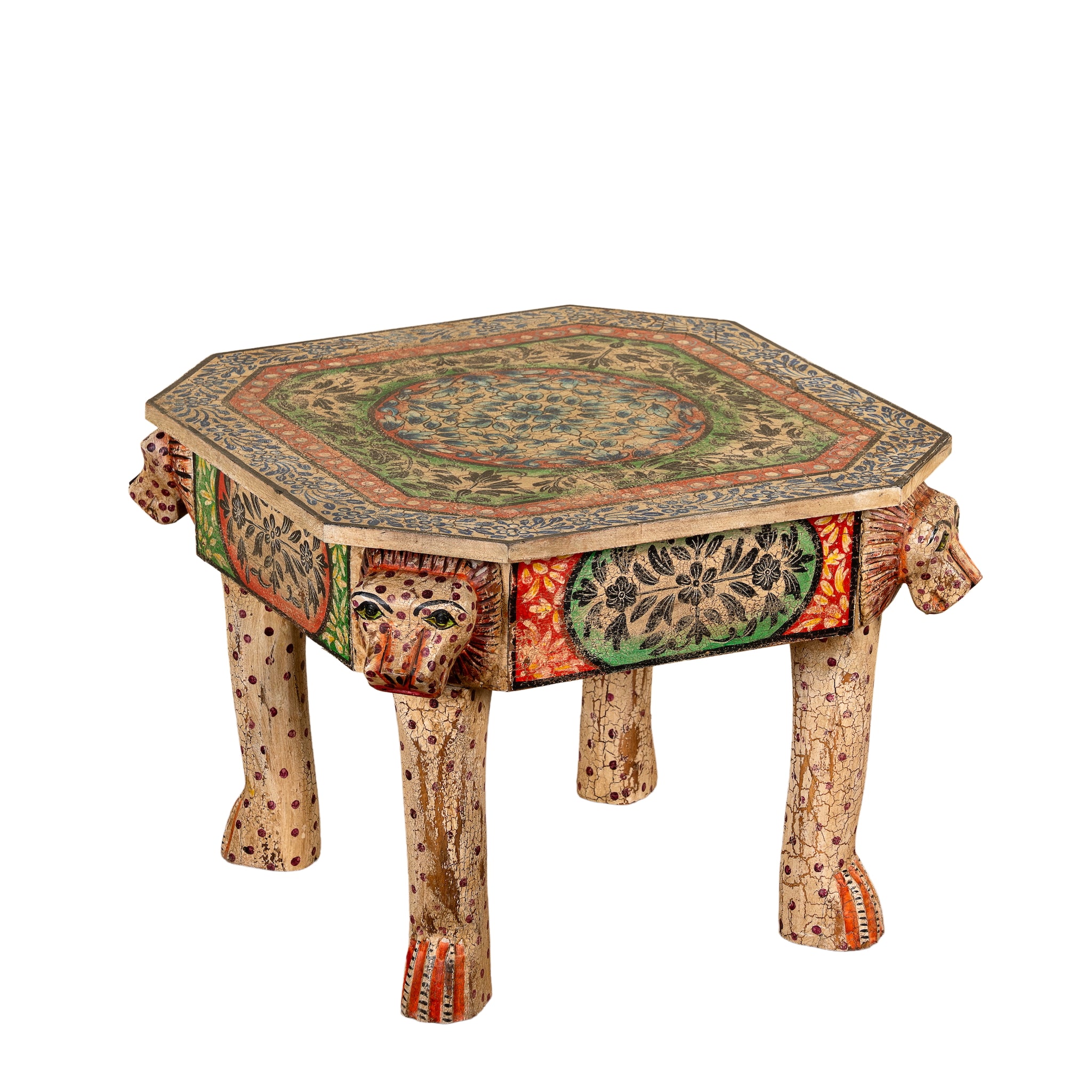 White background image of a Aaroh hand-painted reclaimed wood coffee table with sculpted tiger heads and colourful ornamental design 80cm