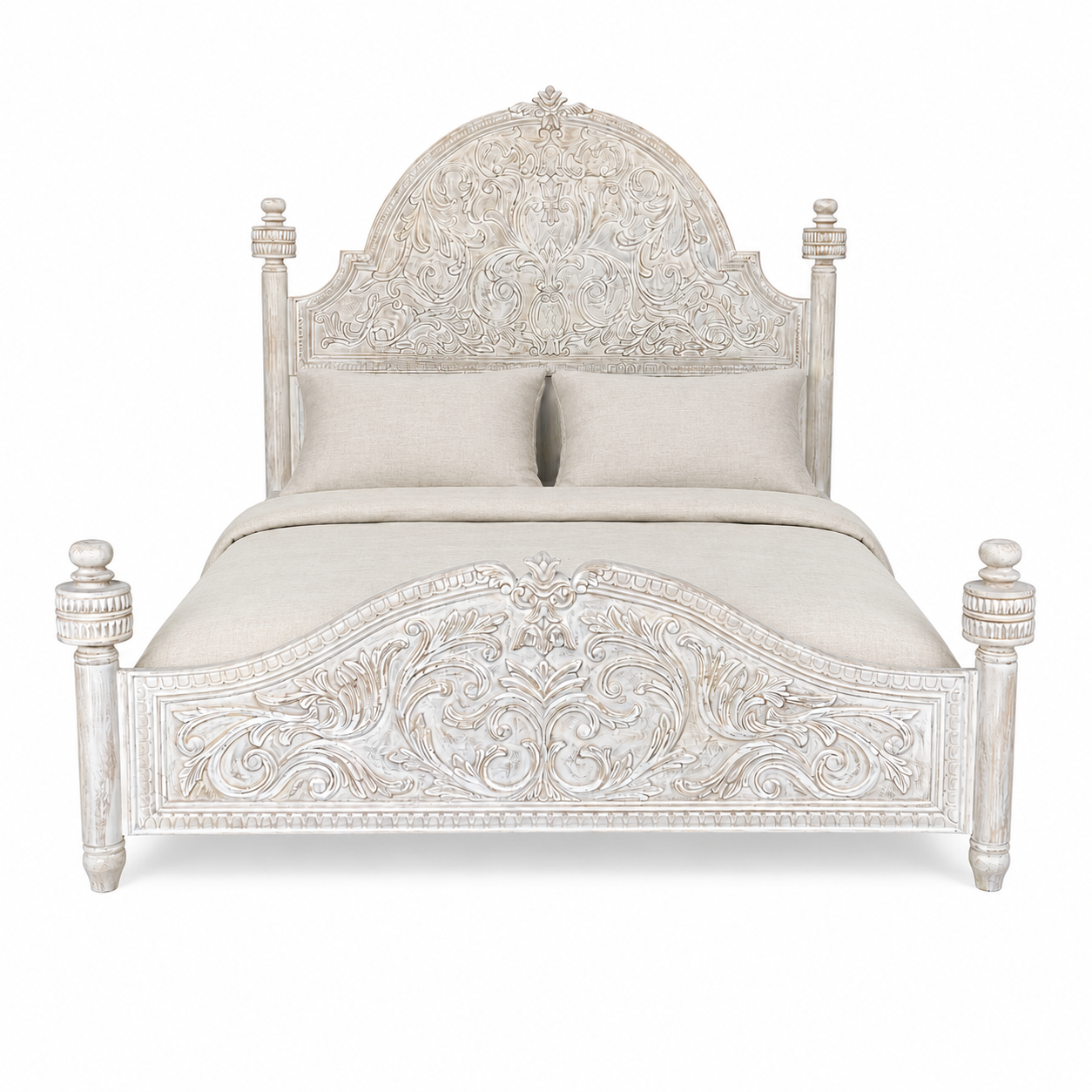 Image of a hand carved white washed Mango wood bed frame in mediterrane style.