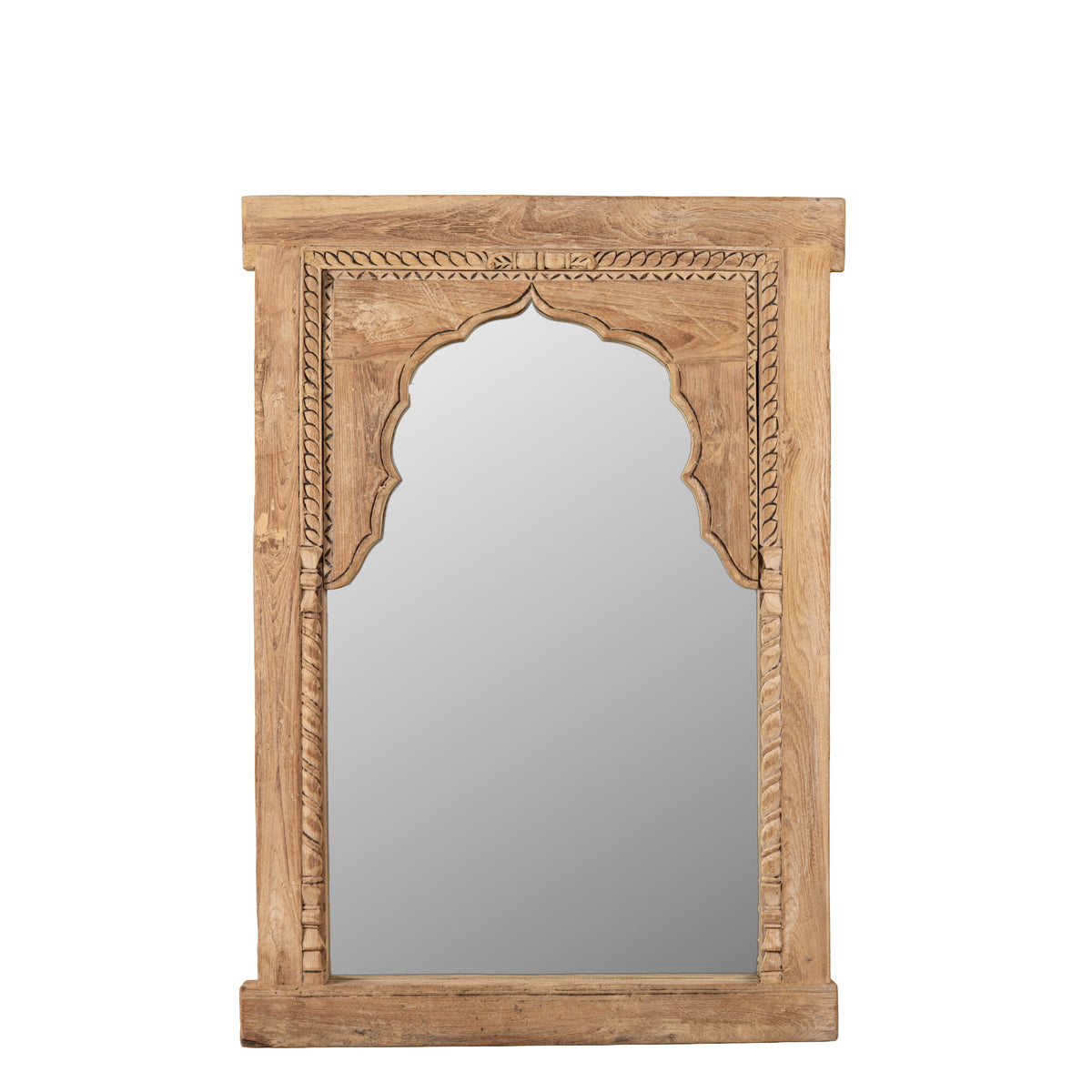 White background image of a Aarshan reclaimed teak wood mirror made from an old Indian carved window frame with arched design, 84x120cm
