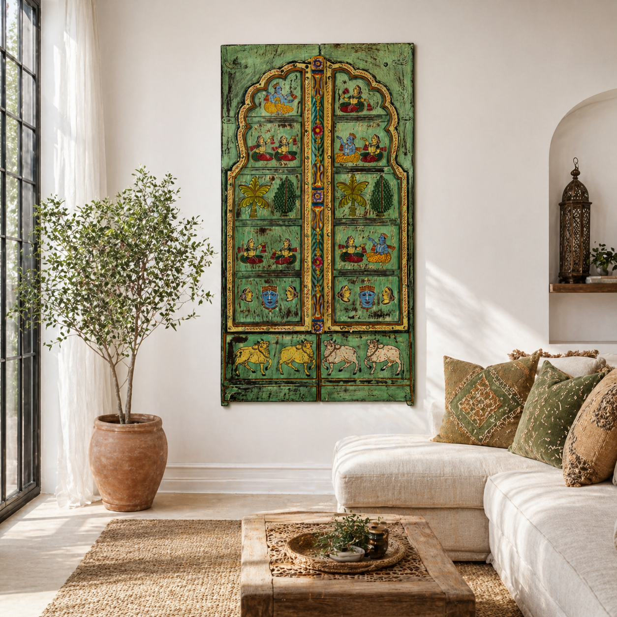 Lifestyle image of a hand painted reclaimed antique Indian teak door wall panel/
