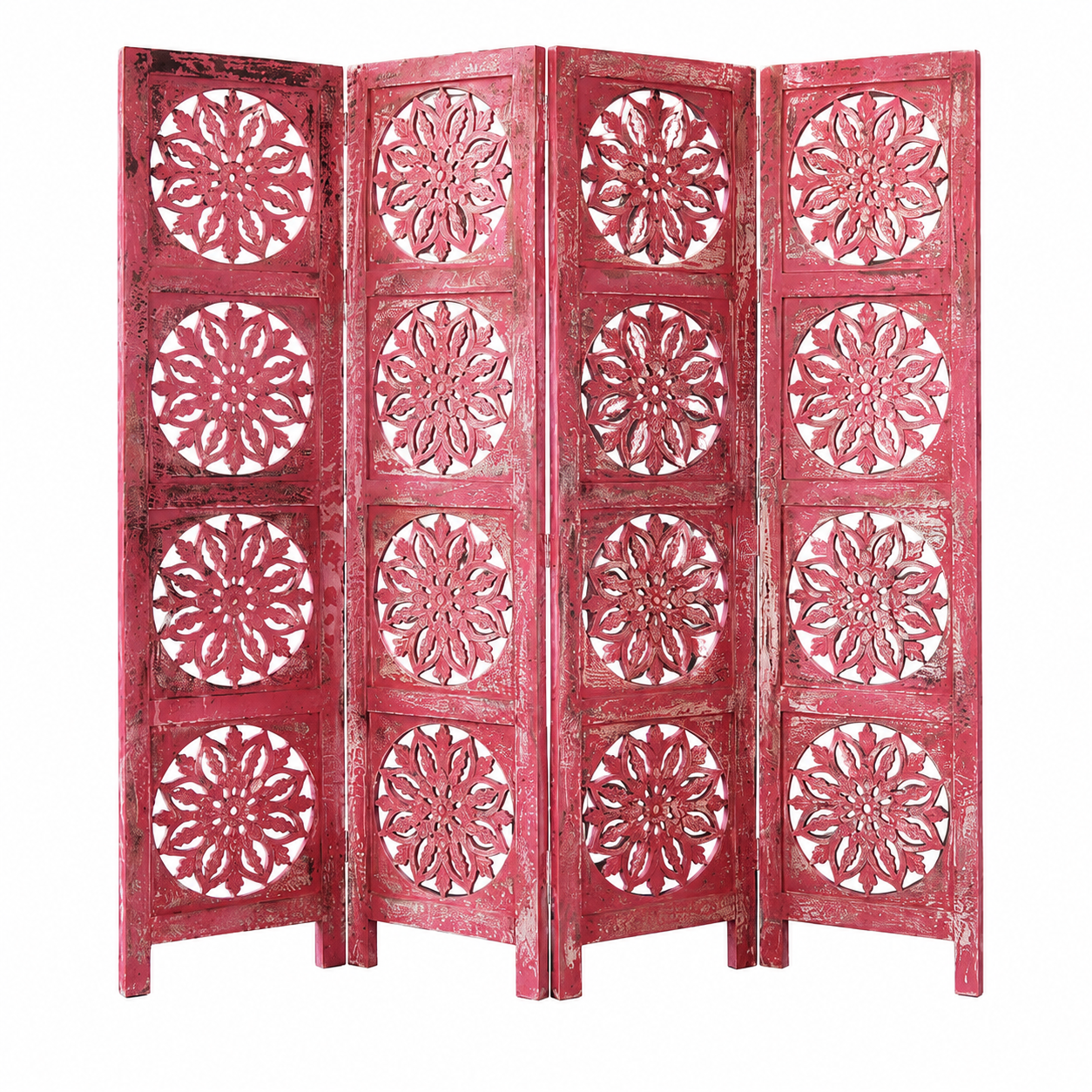 White background image of a hand-carved pink mango wood folding room divider with delicate carved patterns, natural variations, and warm boho style for unique interiors.