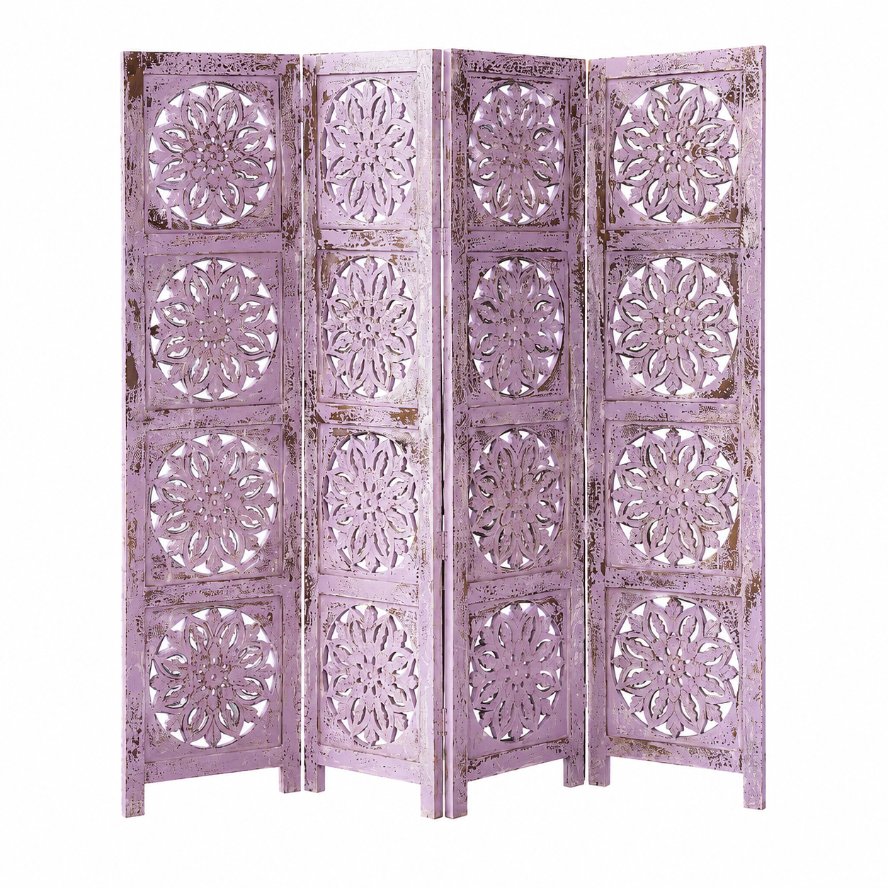 White background image of a hand-carved violet mango wood folding room divider with delicate carved patterns, natural variations, and warm boho style for unique interiors.