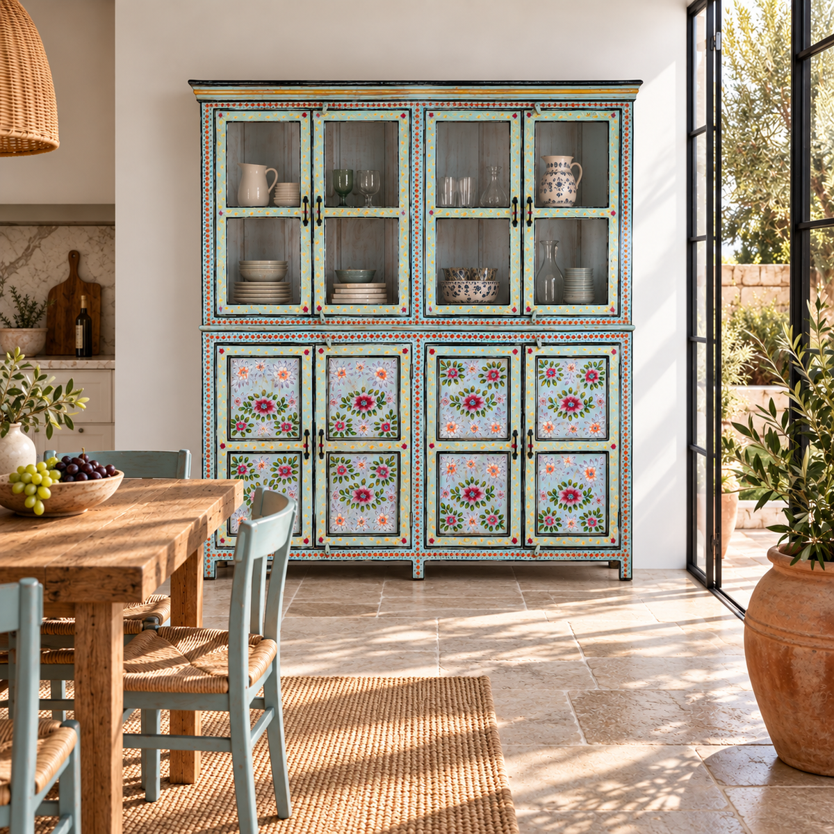 Lifestyle image of a large hand painted, 2 parts, Mango wood display cabinet wit 8 doors and ample inside storage in vintage design.