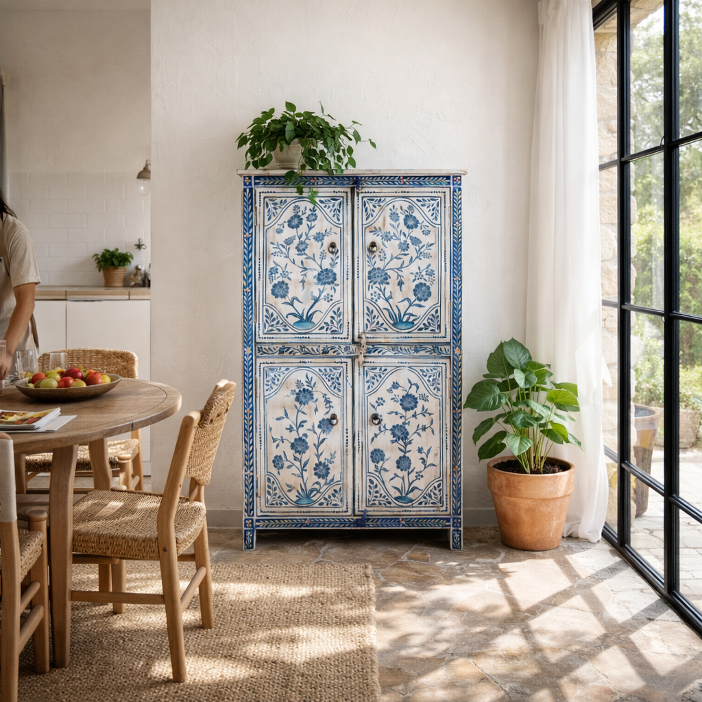 Lifestyle image of a unique hand painted wardrobe made of reclaimed wood with floral design, 4 doors and ample storage.