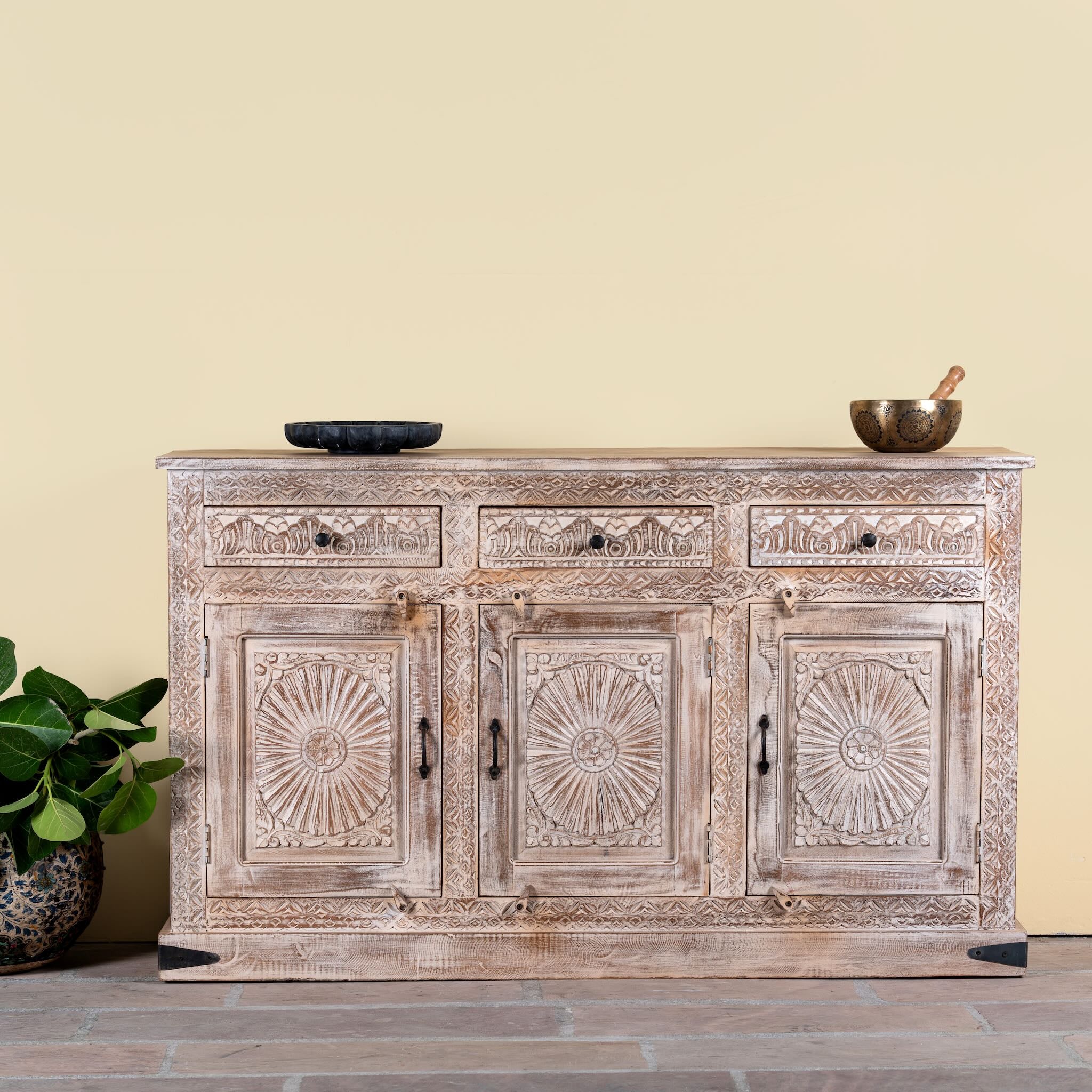 Abhiraj hand carved mango wood sideboard with distressed cream finish, three drawers and three doors, 150cm