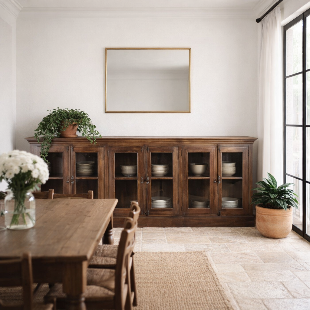 Lifestyle image of a reclaimed teak furniture sideboard with glass doors, rustic living room furniture with boho style, 257 × 46 × 100 cm.