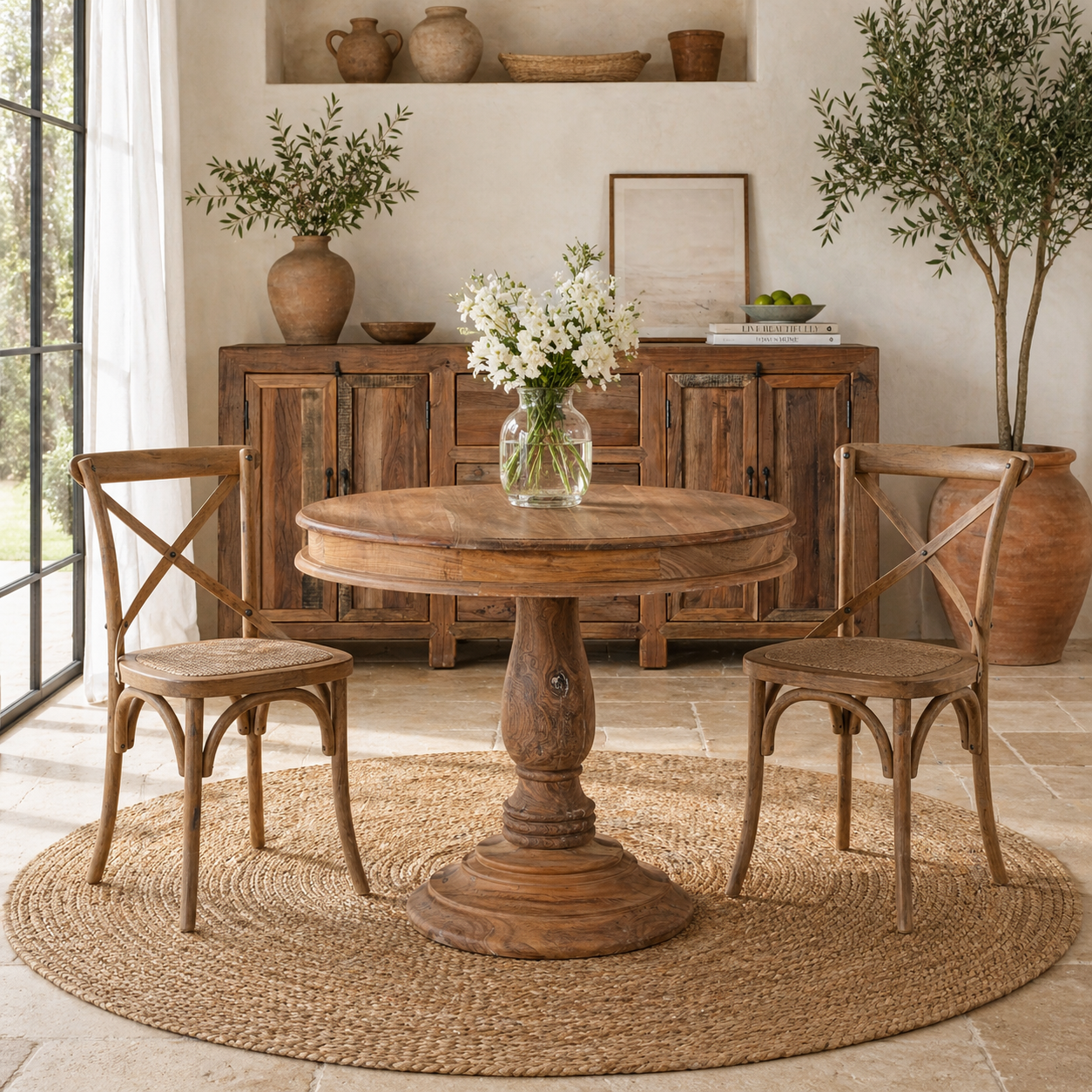 Lifestyle image of a round solid wood dining table made from reclaimed teak with carved pedestal base; rustic reclaimed teak wood dining table, 100 cm diameter × 78 cm height.