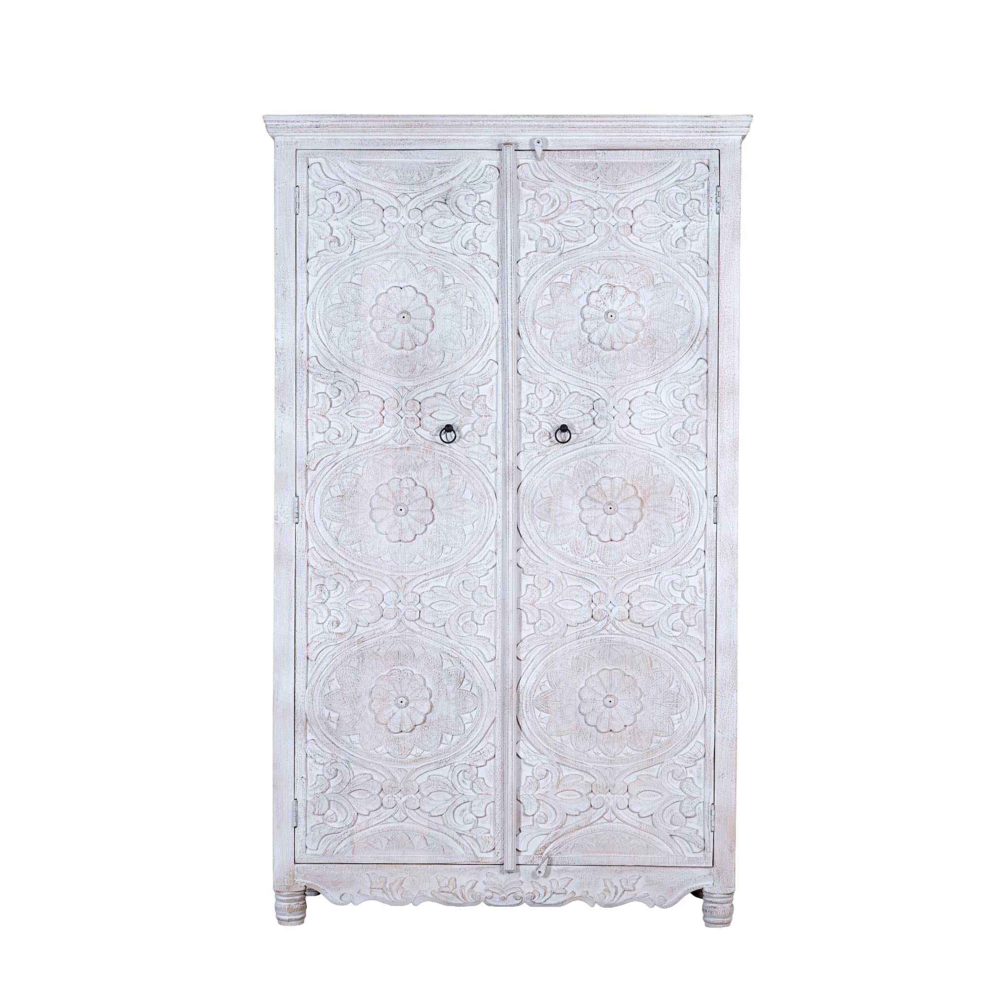 White background image of a hand carved white washed mango wood wardrobe in vintage design.