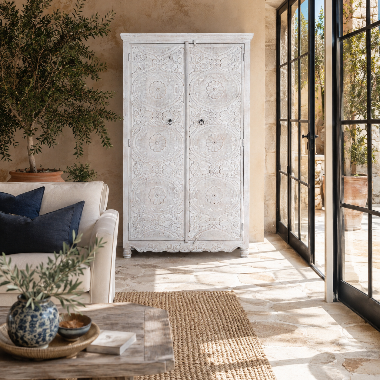Lifestyle image of a hand carved white washed mango wood wardrobe in vintage design.