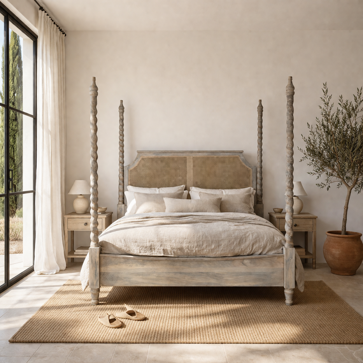 Lifestyle image of a King-size four-poster bed frame Aadinath made of solid mango wood with hand-carved twisted posts and cane-panel headboard, shown in a natural washed finish; part of a sustainable wooden canopy bed collection.