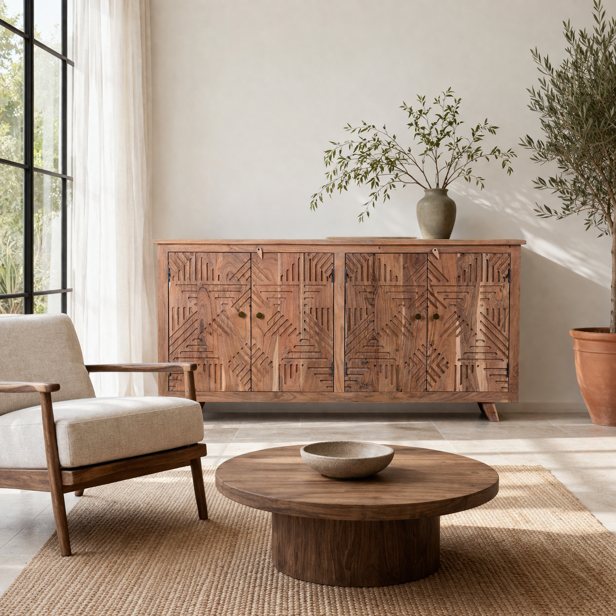 Lifestye image of a Acacia wood furniture sideboard with hand-carved detailing and brass knobs, modern living room furniture, 180 × 40 × 90 cm.