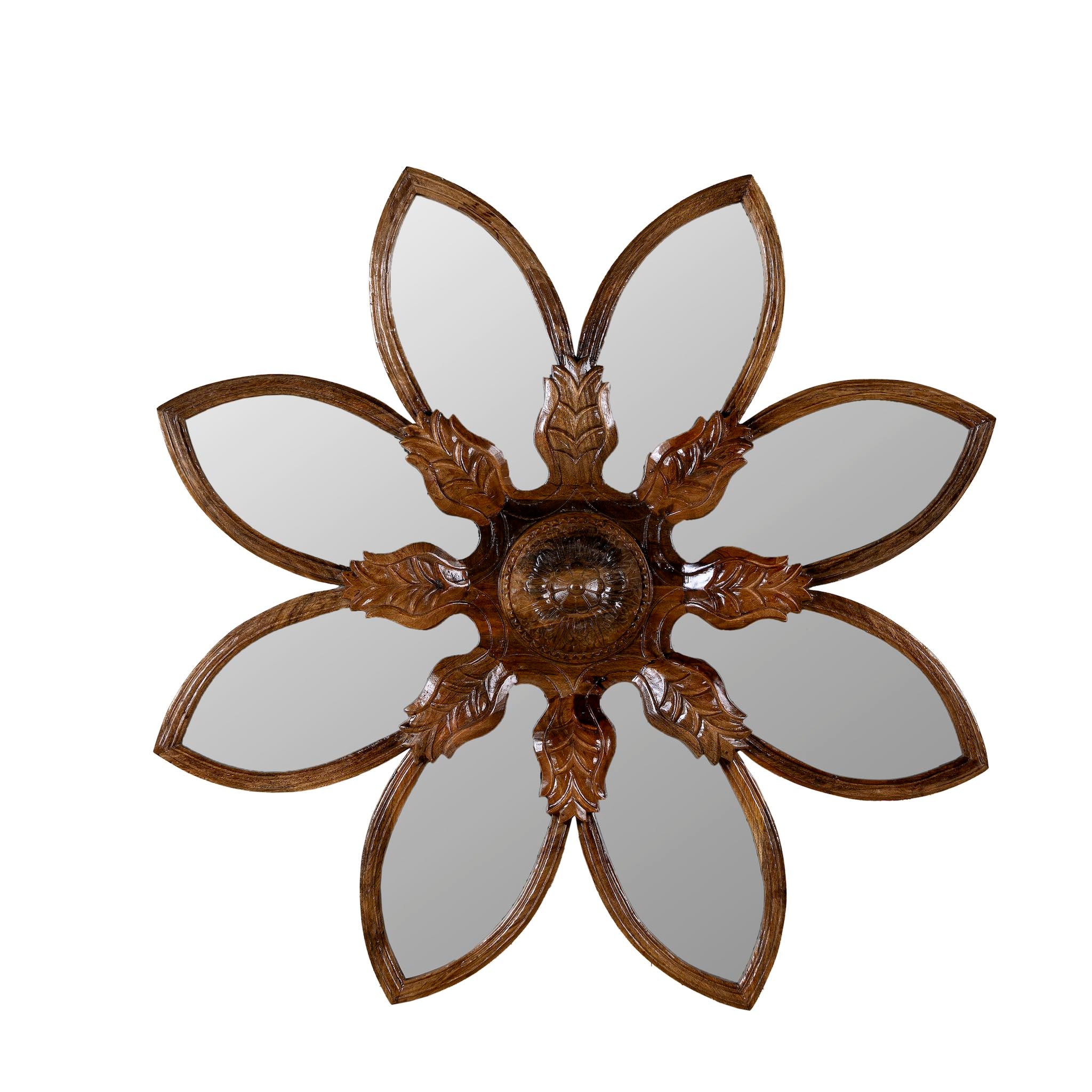 White background image of a round mango wood mirror Advaith with hand-carved floral frame. A unique wall decor piece combining traditional Indian craftsmanship and organic design.