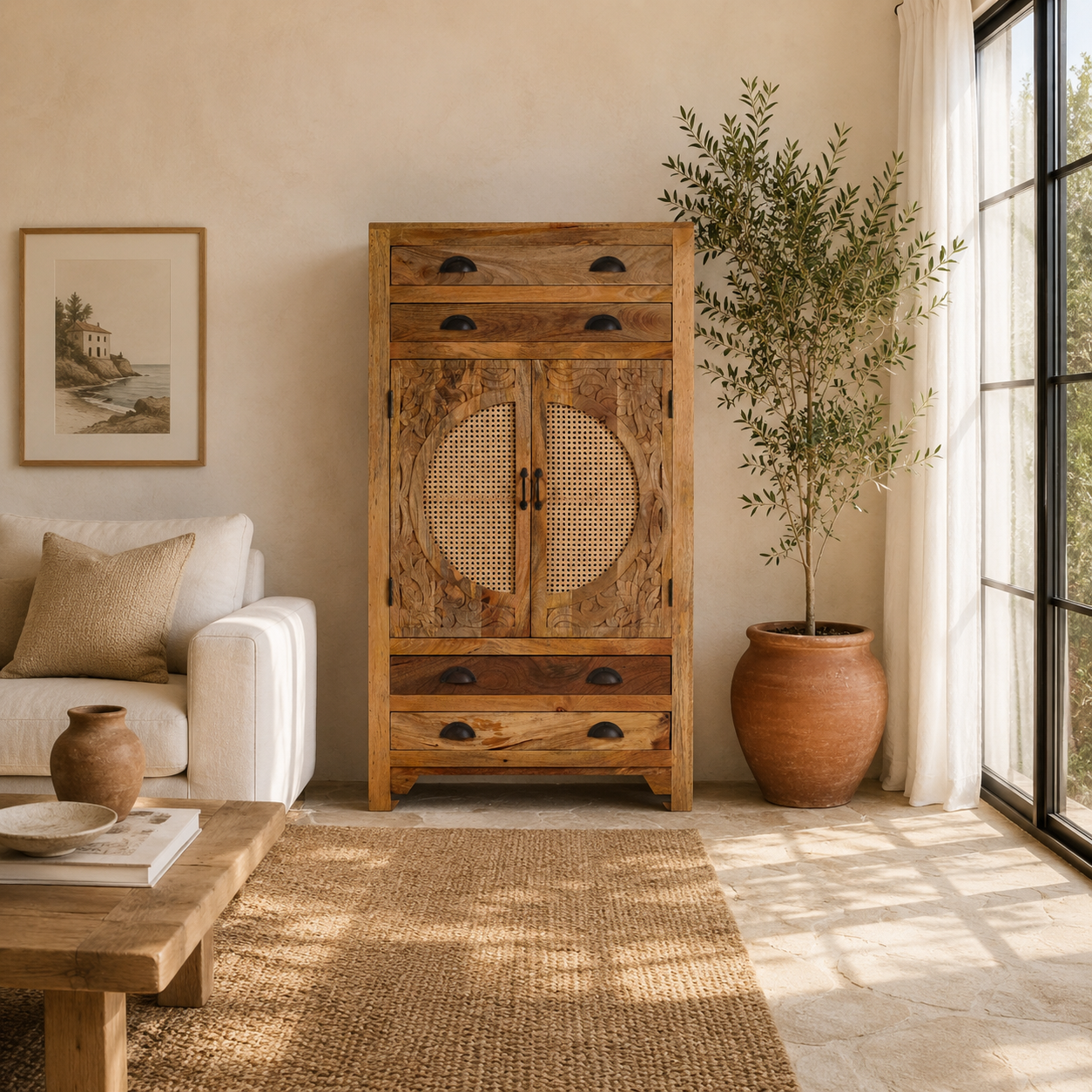 Lifestyle imagination of a handcrafted mango wood cabinet Agnayi with rattan inserts and floral carvings, rattan furniture for bohemian interior, 80 × 40 × 148 cm.