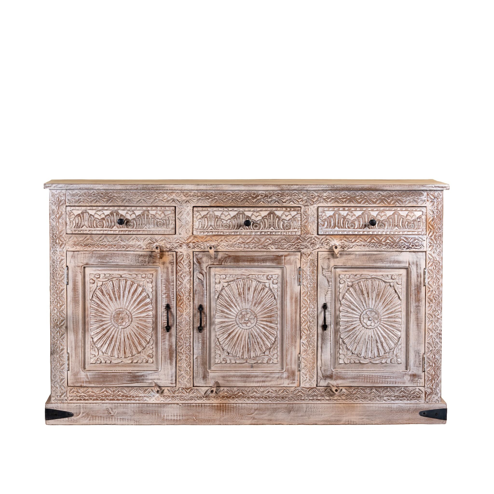 White background image of a Abhiraj hand carved mango wood sideboard with distressed cream finish, three drawers and three doors, 150cm