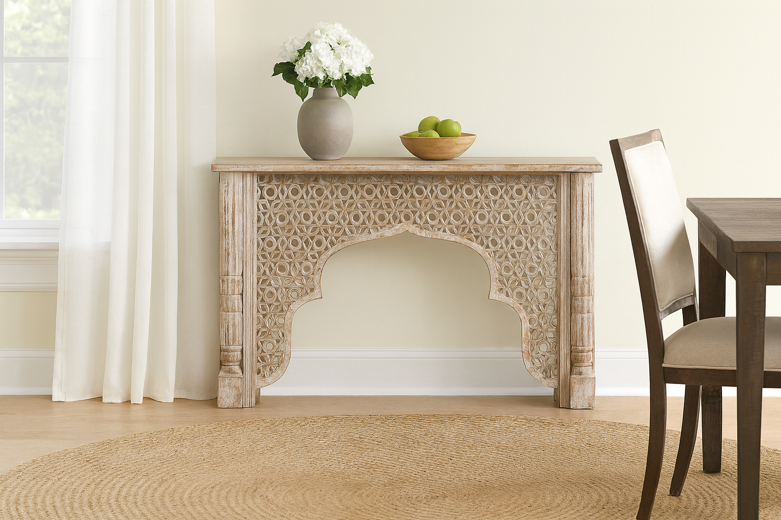 Lifestyle imagination of a hand carved mango wood console table in oriental style; unique hand carved furniture, 150 × 80 × 40 cm.