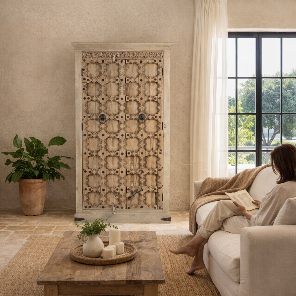Lifestyle imagination of a reclaimed wood wardrobe Akhila featuring an old Indian door front with carved details and iron hardware. A sustainable furniture piece and unique old door cabinet for soulful, heritage-inspired interiors.