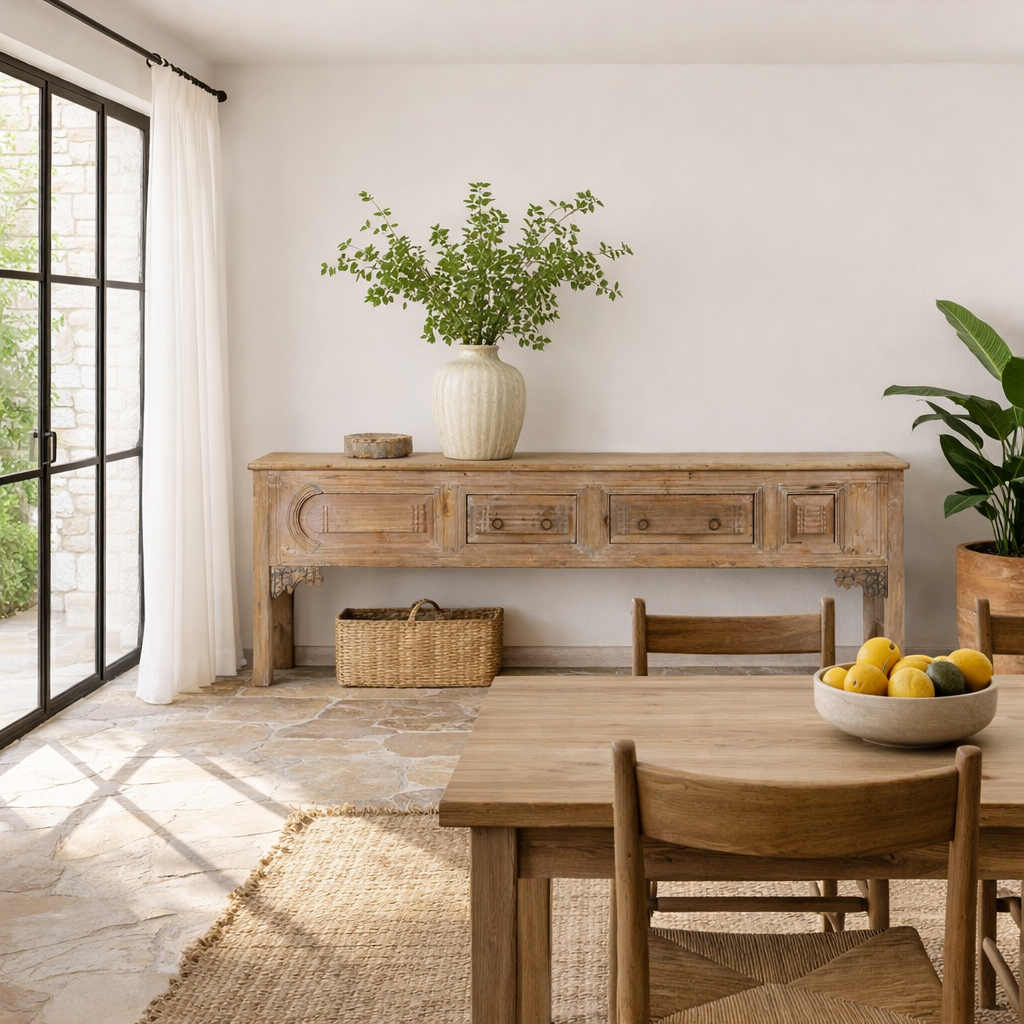 Lifestyle image of a Akhilesh carved console table made from reclaimed teak, a striking piece of unique wooden furniture.