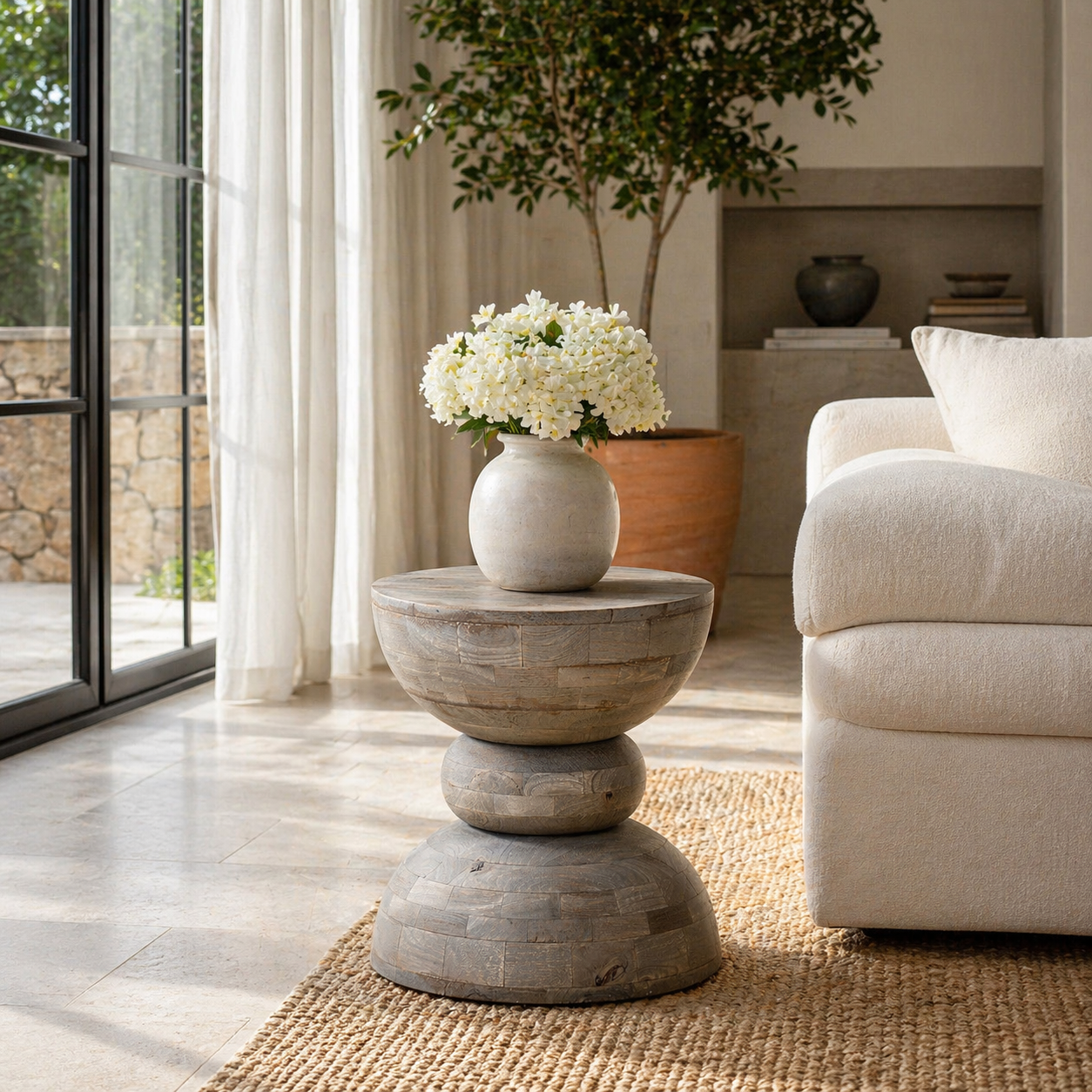 Lifestyle image of a vintage style mango wood coffee table with rounded form and grey-washed finish; compact rustic accent table, 40 cm diameter, 46 cm height.