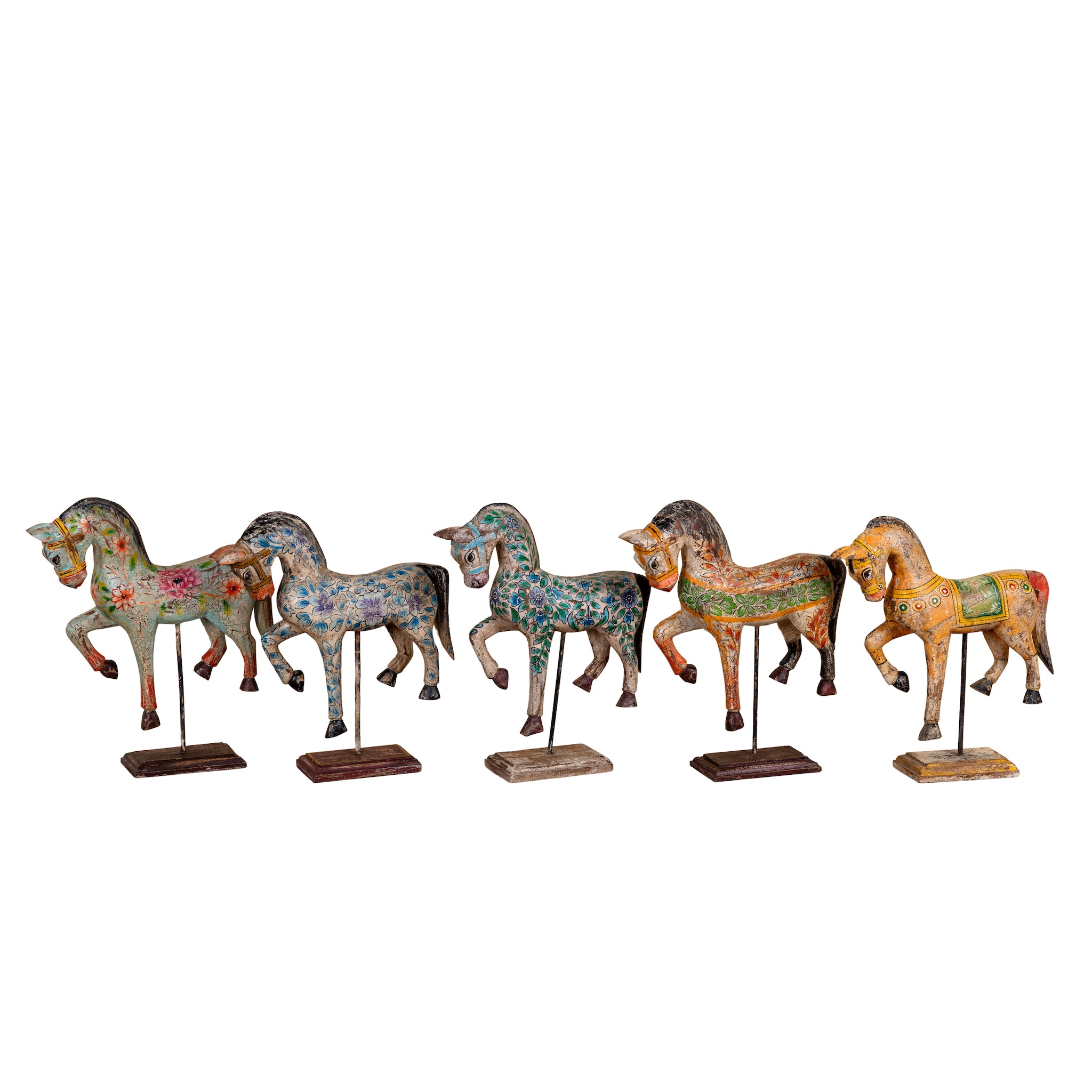 White background image of a Aksham hand painted wooden horse sculpture on an iron stand with colourful floral and ornamental detailing, 40x15x30cm.