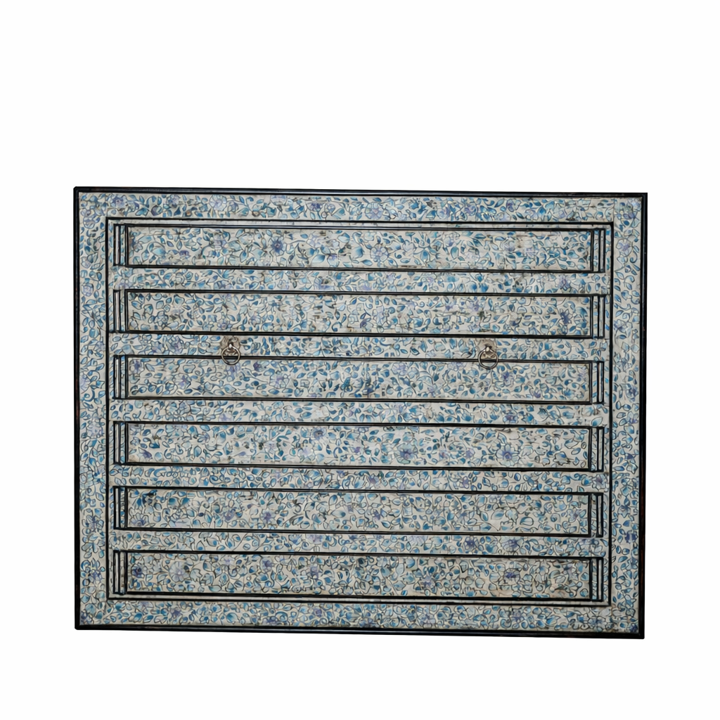 White background image of a Akshi hand painted head board made from an antique Indian teak door, featuring traditional floral motifs in blue and cream and original iron hardware—an elegant example of hand painted head boards and authentic Indian headboards.