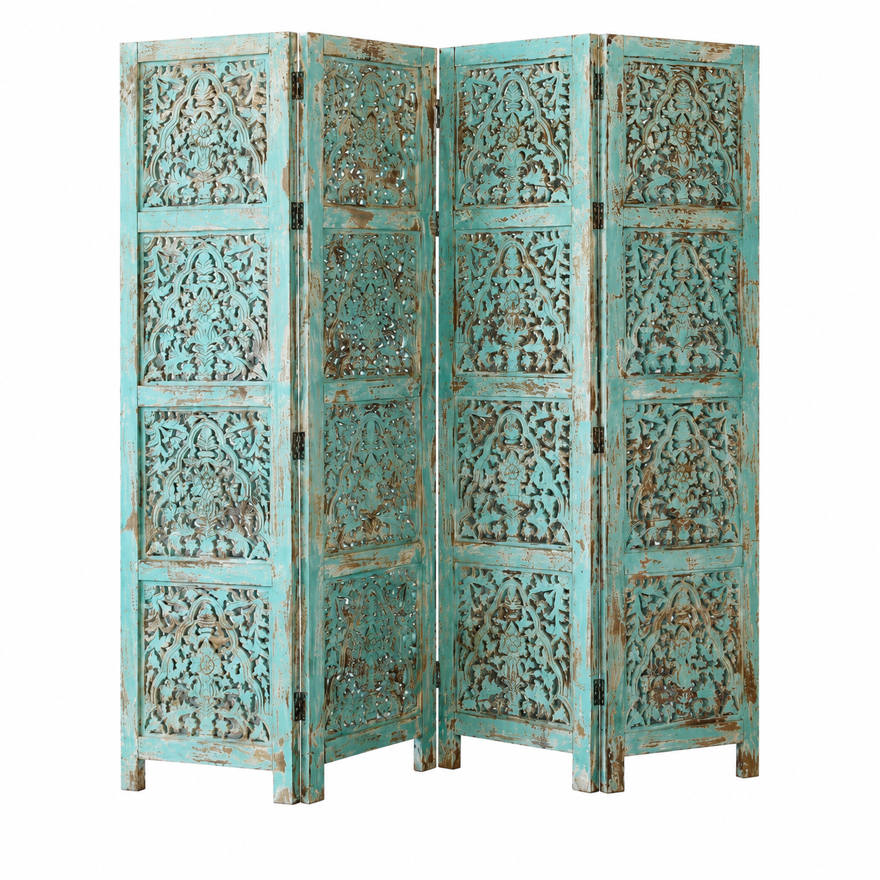 White background image of a hand-carved green mango wood folding room divider with delicate carved patterns, natural variations, and warm boho style for unique interiors.