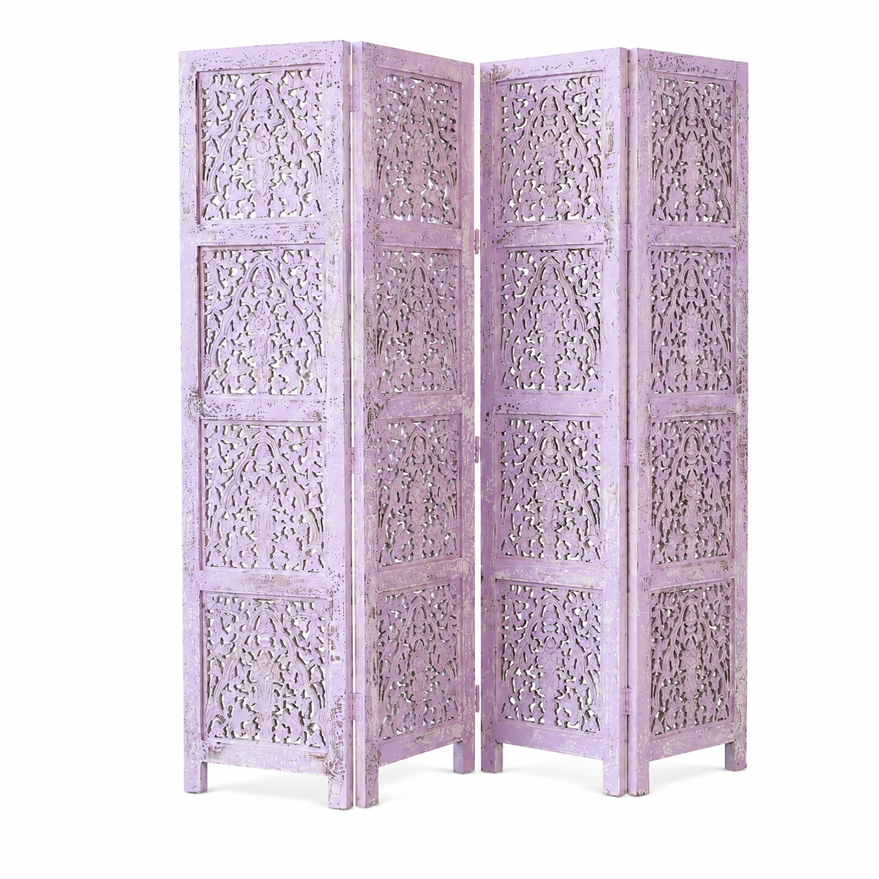 White background image of a Alag Violet hand carved mango wood folding room divider with decorative carved panels 180cm