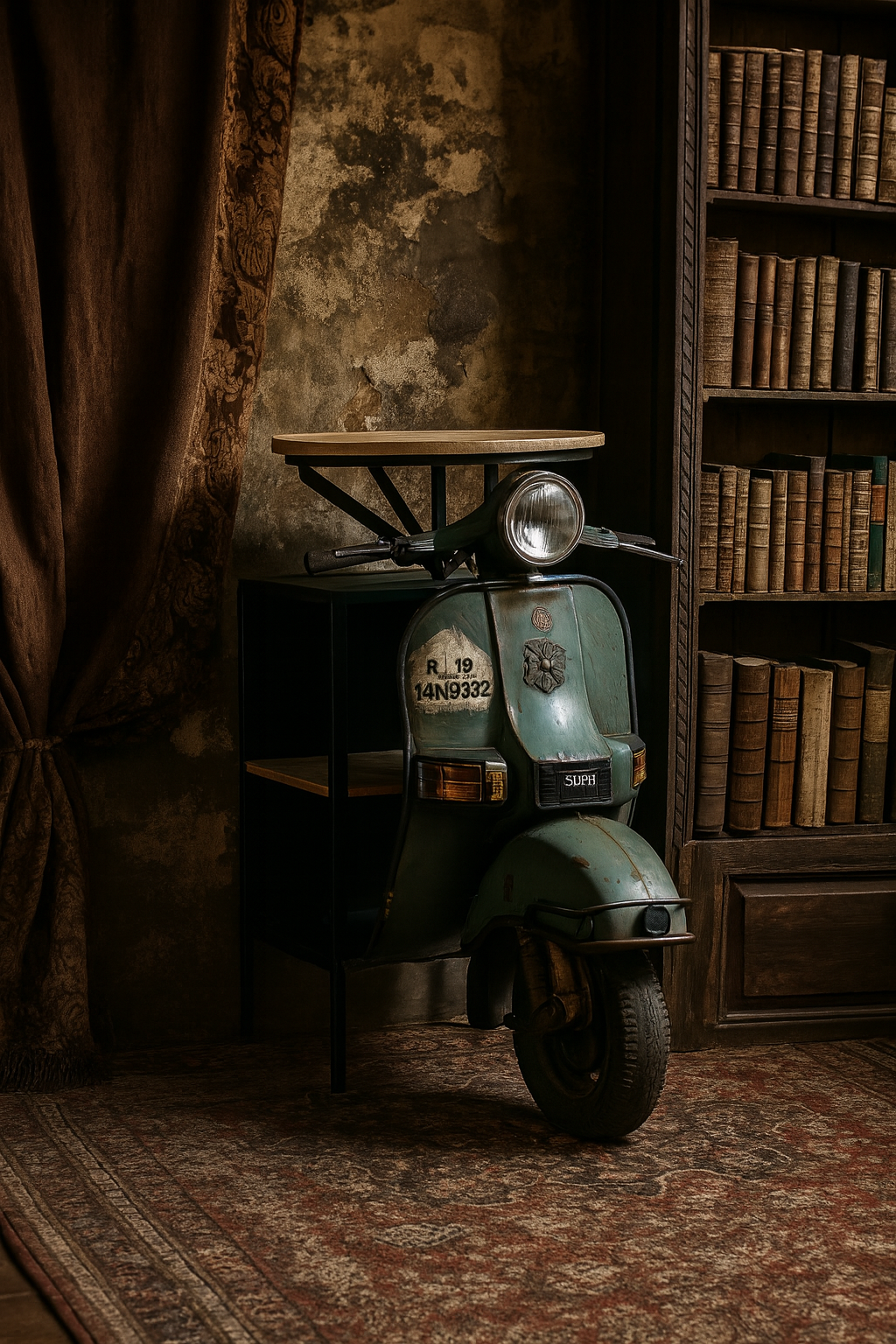 Vintage scooter in a room with bookshelves and a textured wall.