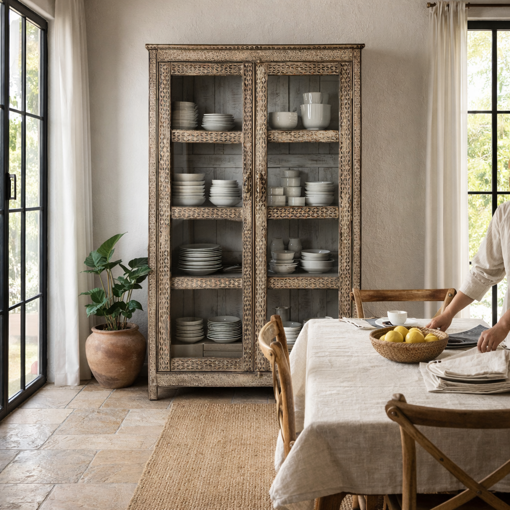Lifestyle image of a handcrafted reclaimed teak wood display cabinet with glass doors and hand-painted Sanskrit symbols – sustainable furniture with vintage soul and artisanal charm.