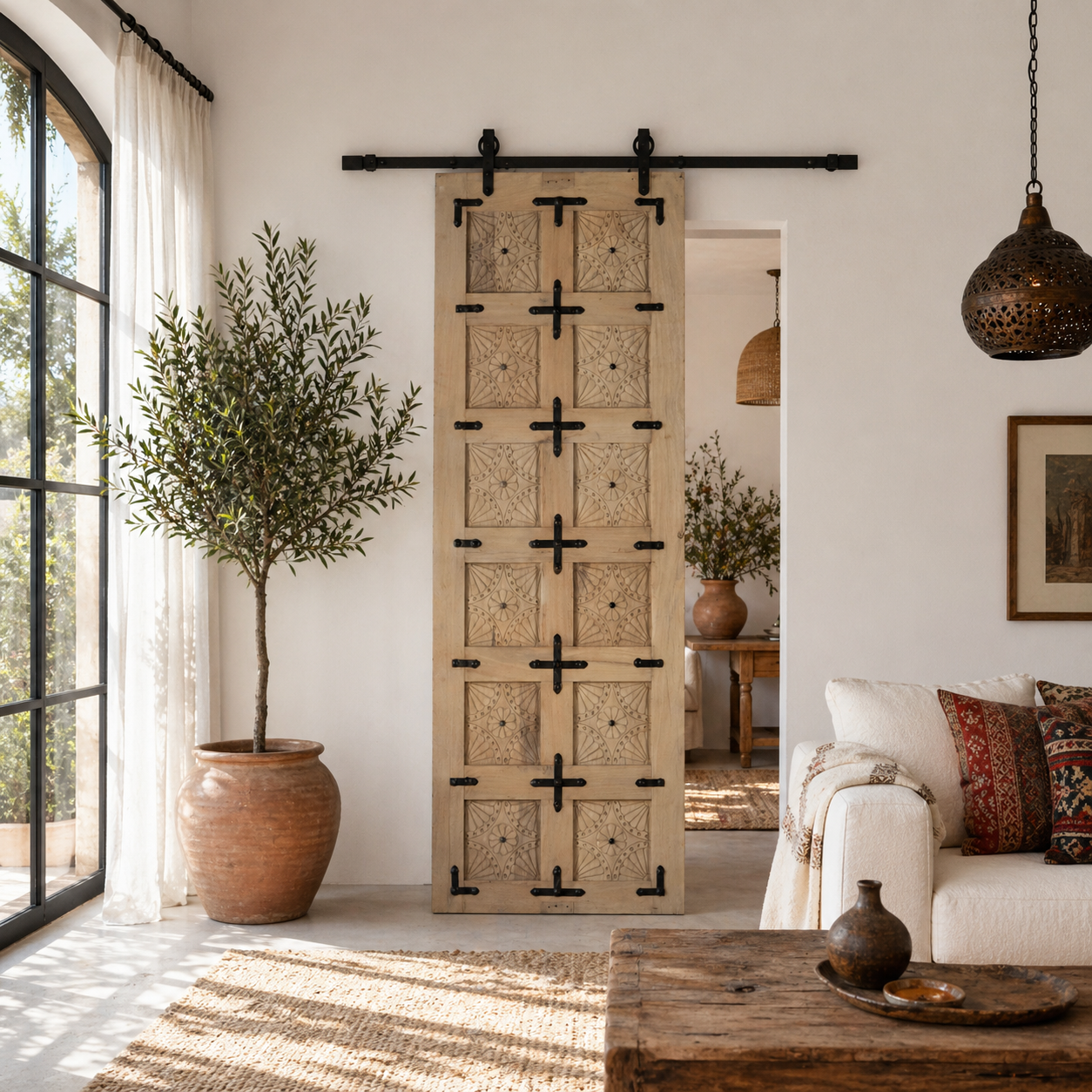 Lifestyle image of a sliding door panel made from reclaimed wood with detailed hand carvings and traditional iron fittings, combining rustic elegance with functional design.