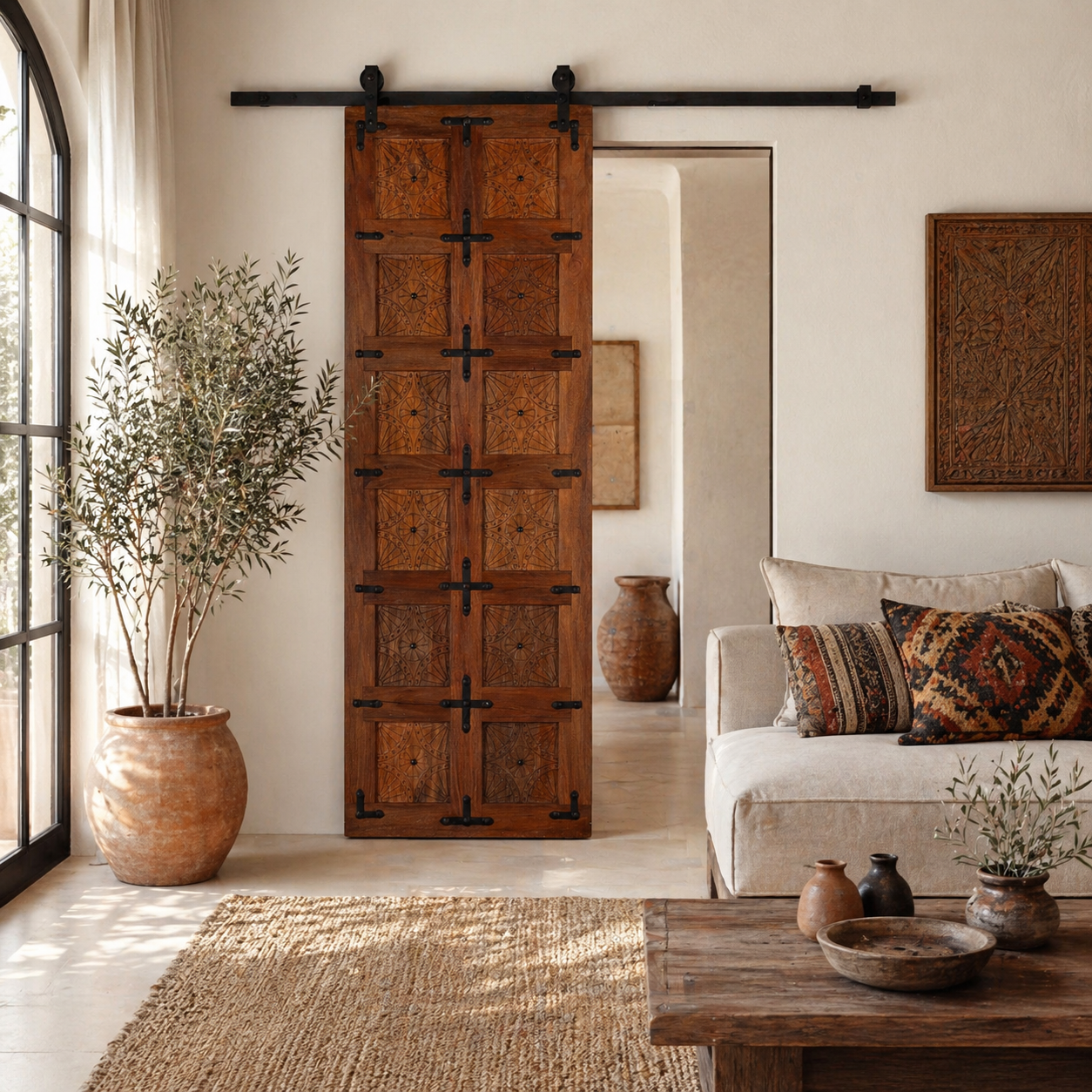 Lifestyle image of a wooden sliding door in a room with a table, vase, and plant.