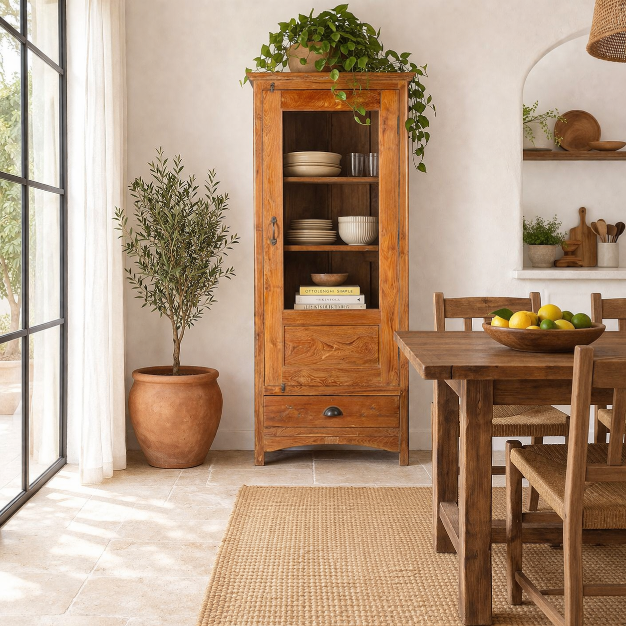 Lifestyle image of an antique reclaimed teak wood display cabinet with glass door, honey wax finish, and lower drawer – unique furniture showcasing traditional Indian craftsmanship.