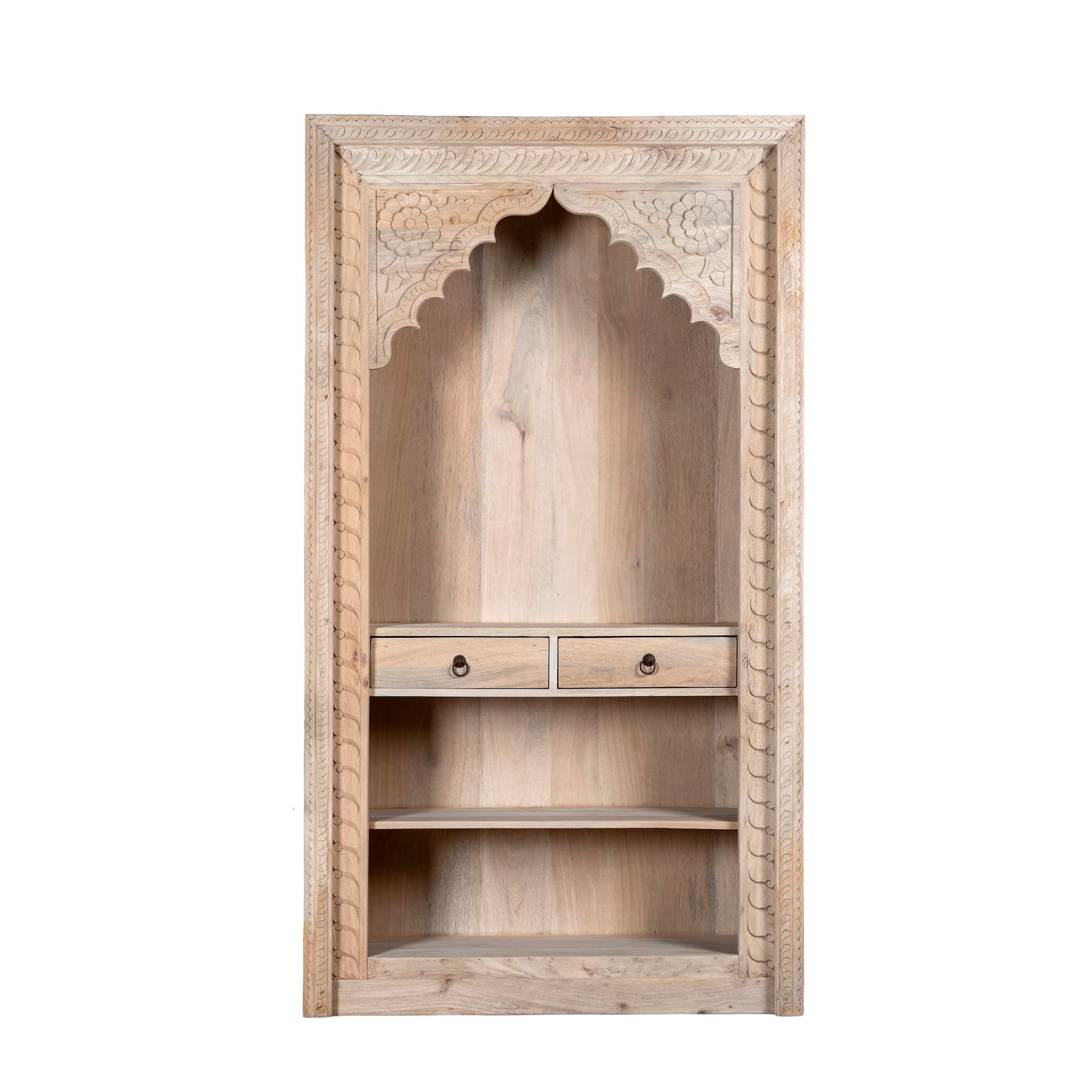 White background image of a hand carved entryway shelf with storage and two drawers made of mango wood, hand carved.