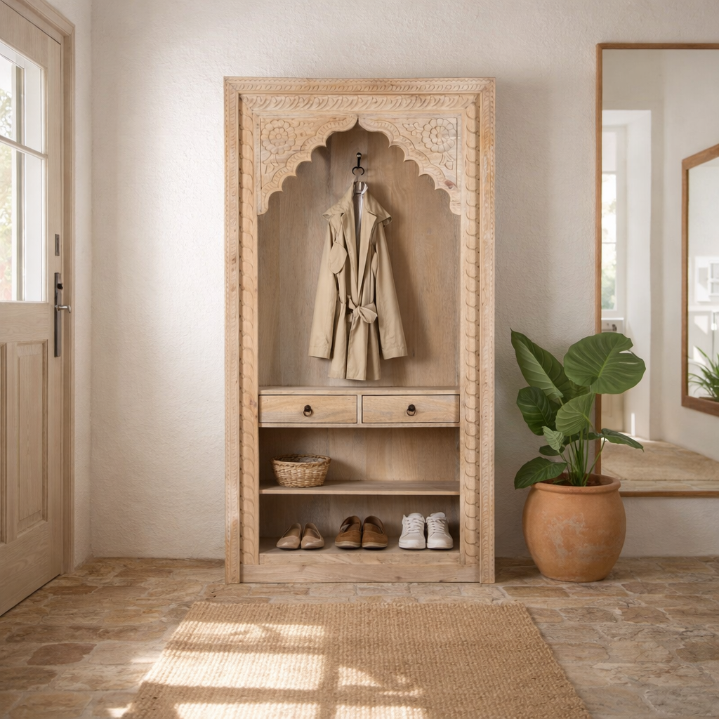 Lifestyle image of a hand carved entryway shelf with storage and two drawers made of mango wood, hand carved.