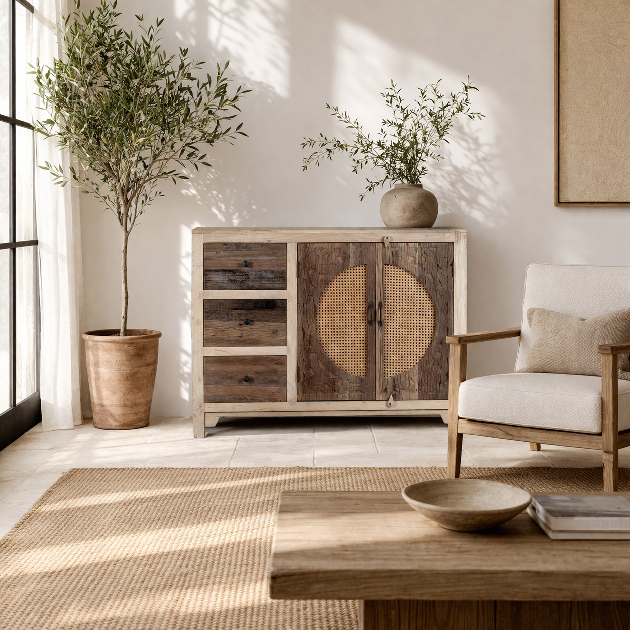 Lifestyle imagination of a reclaimed wood sideboard Amruta with three drawers and rattan-inlay cabinet doors in a circular design. A piece of sustainable furniture blending rustic wood textures and handcrafted detail.