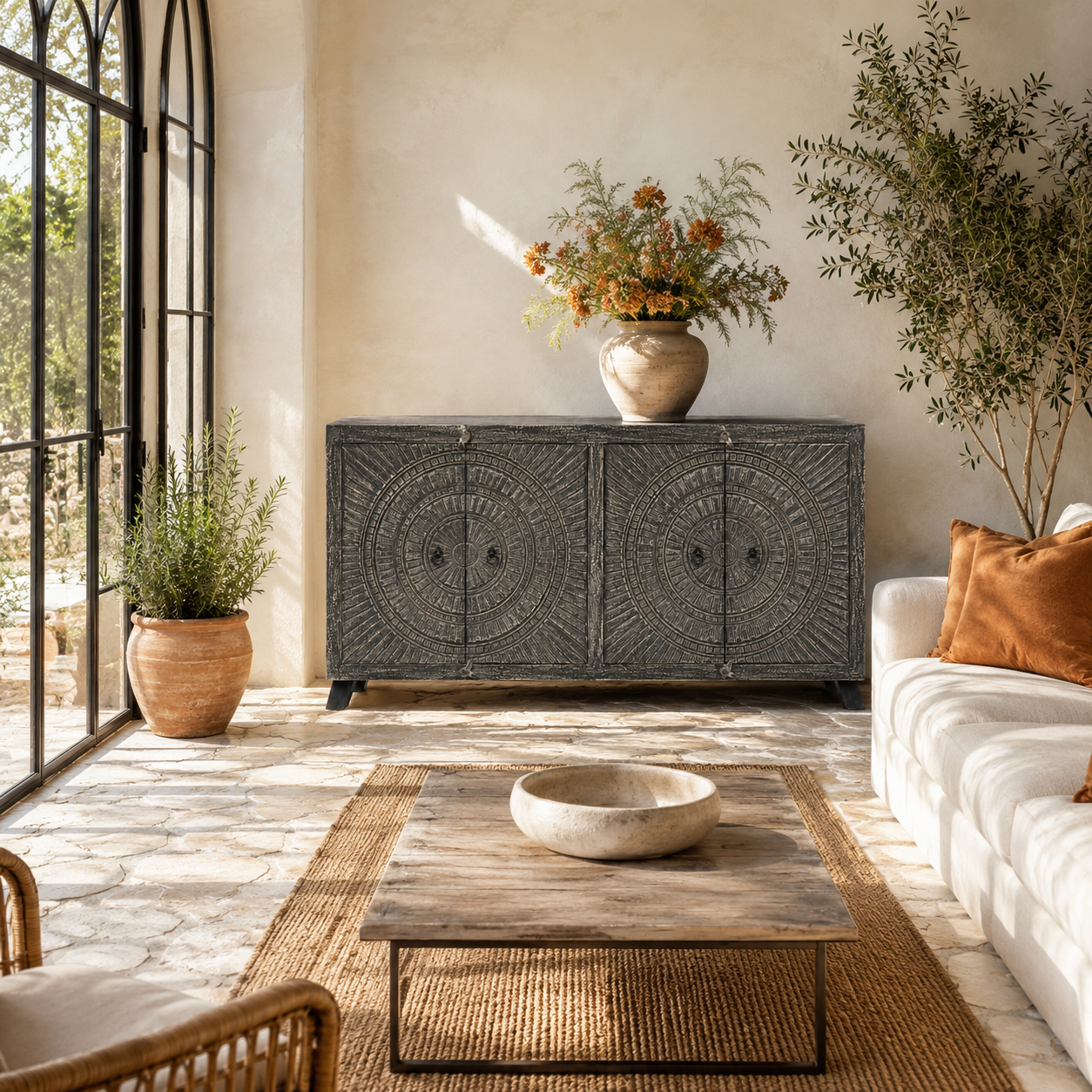 Lifestyle image of a Ananya hand carved mango wood sideboard with Indian carved doors 170cm