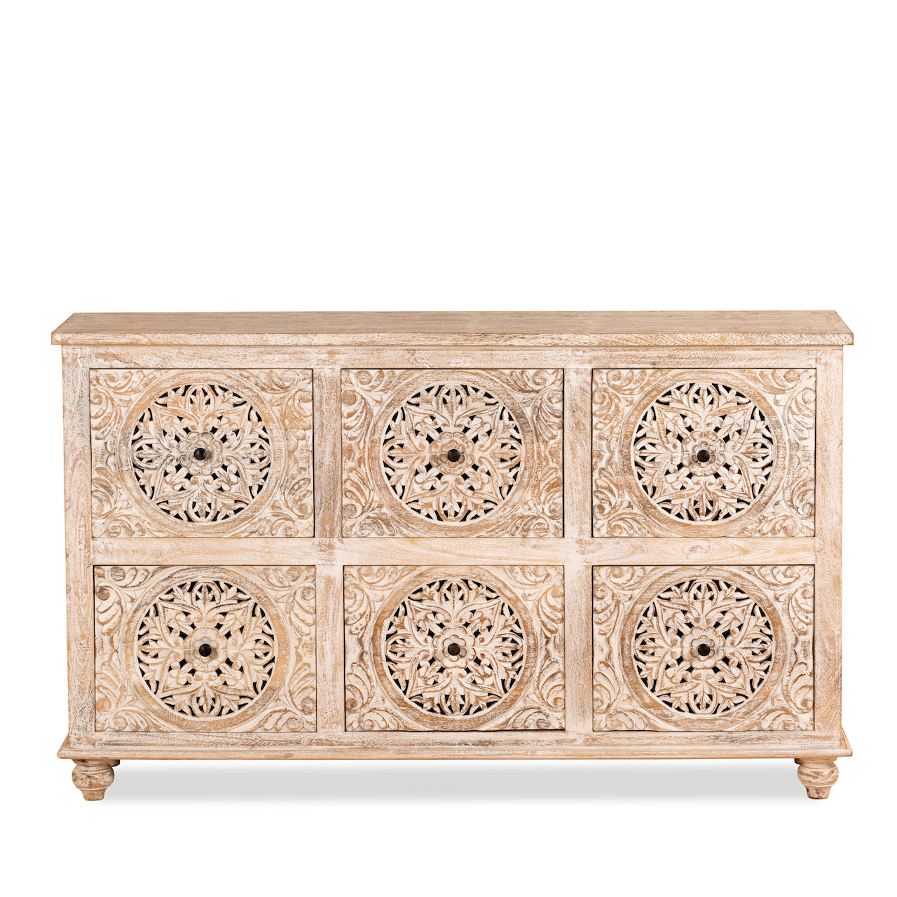White background image of a hand-carved mango wood sideboard with Mediterranean drawer motifs and whitewashed finish; ideal carved sideboard or entryway table vintage, 150 × 90 × 40 cm.