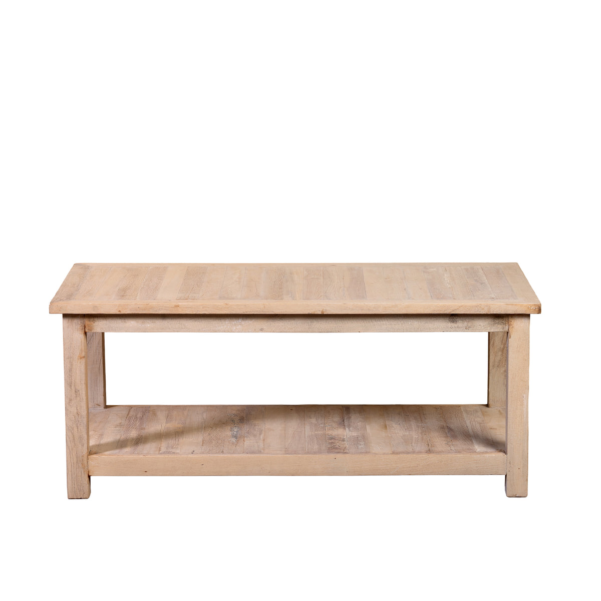 White background image of a Anil bleached reclaimed wood coffee table with rectangular top and full-width lower storage shelf, 120x60x50cm