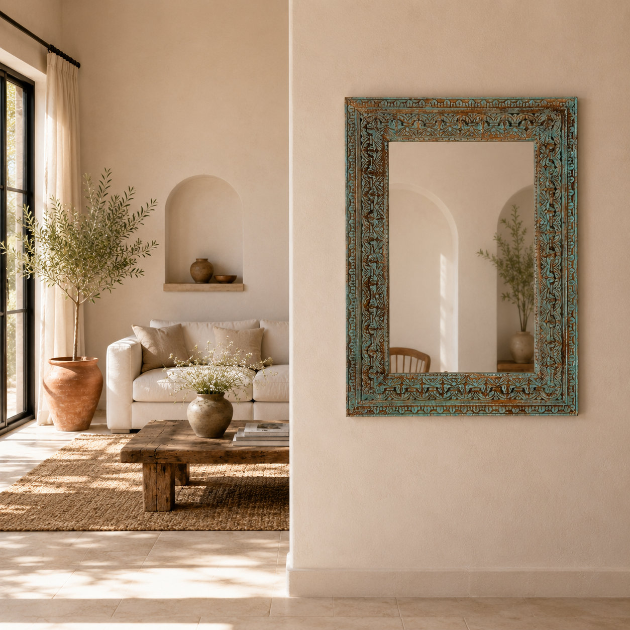 Lifestyle image of a carved mango wood mirror Anila with turquoise finish and hand-carved floral motifs. A bold and colorful addition to vintage home decor and Indian-inspired interiors.