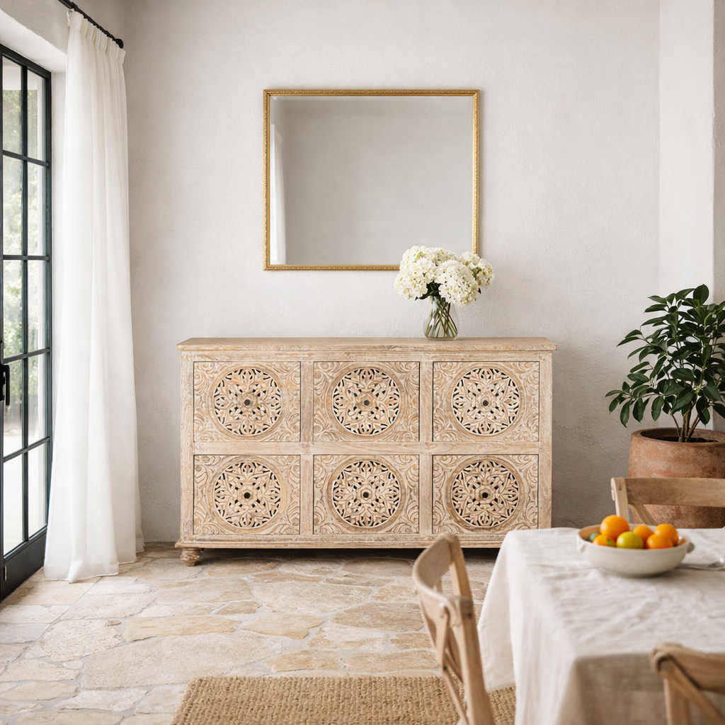 Lifestyle image of a hand-carved mango wood sideboard with Mediterranean drawer motifs and whitewashed finish; ideal carved sideboard or entryway table vintage, 150 × 90 × 40 cm.