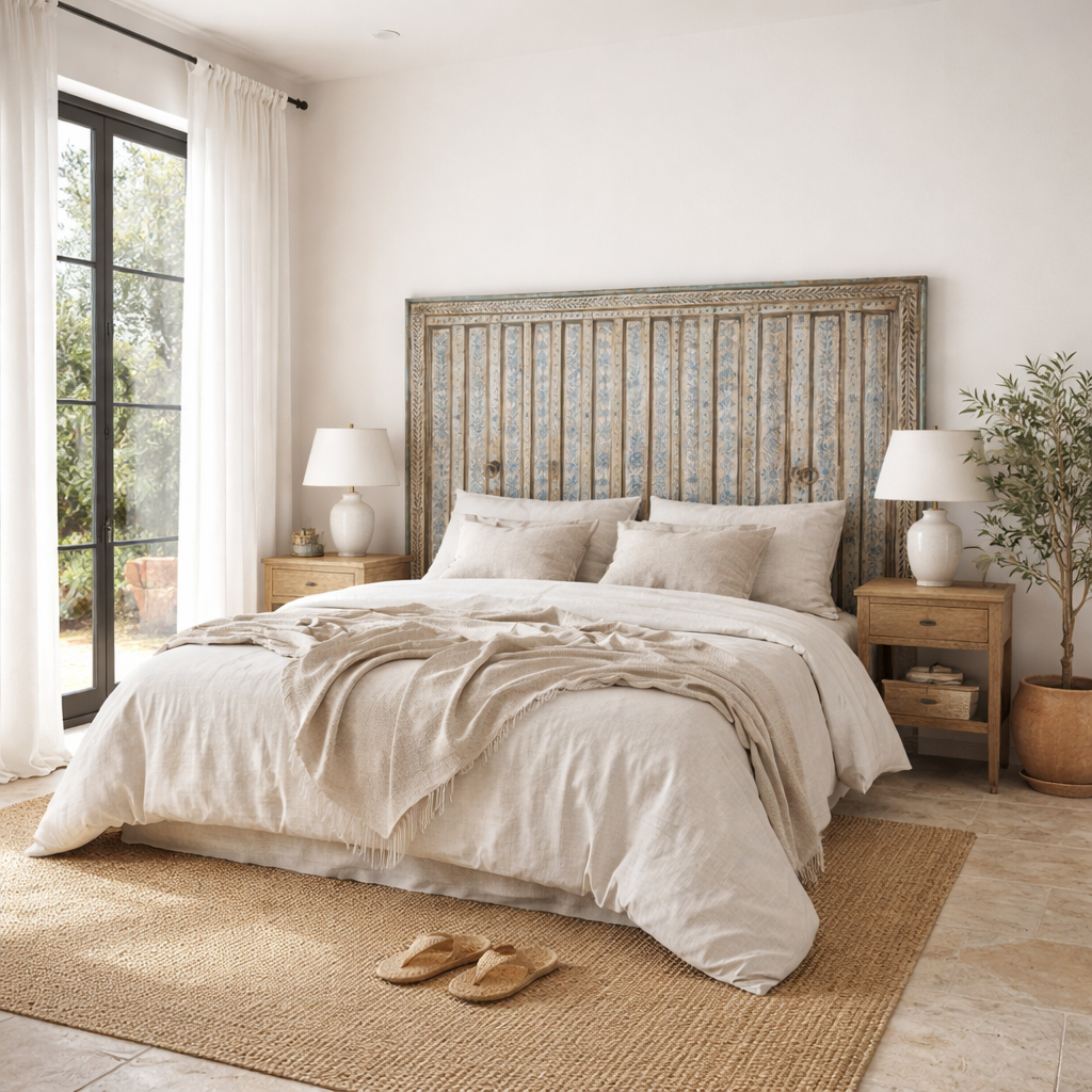 Lifestyle image of a Anmol hand painted head board made from an antique Indian teak door, featuring traditional floral motifs in blue and cream and original iron hardware—an elegant example of hand painted head boards and authentic Indian headboards.