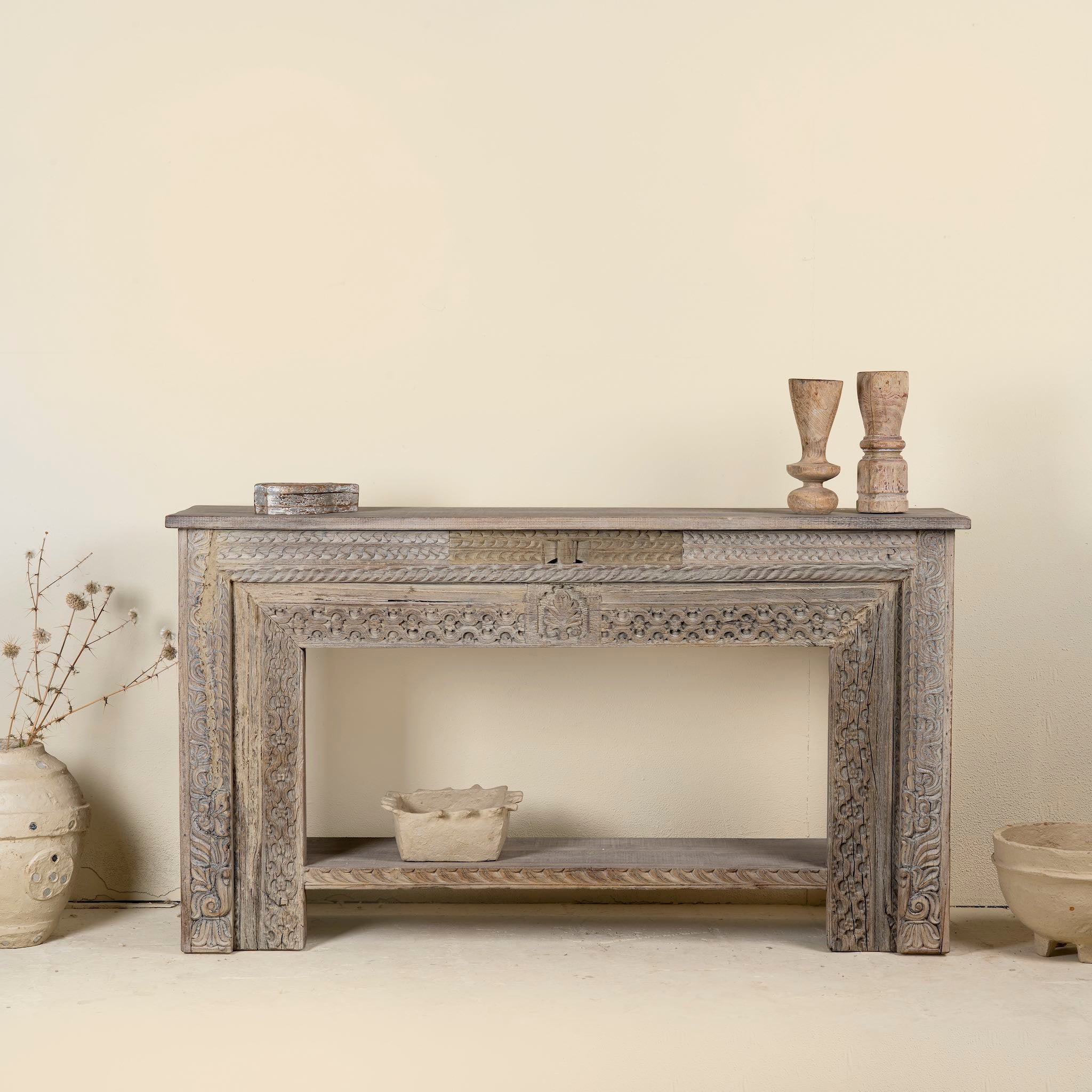 Carved console table made from reclaimed teak with antique Indian floral and geometric detailing, 160 × 40 × 90 cm.