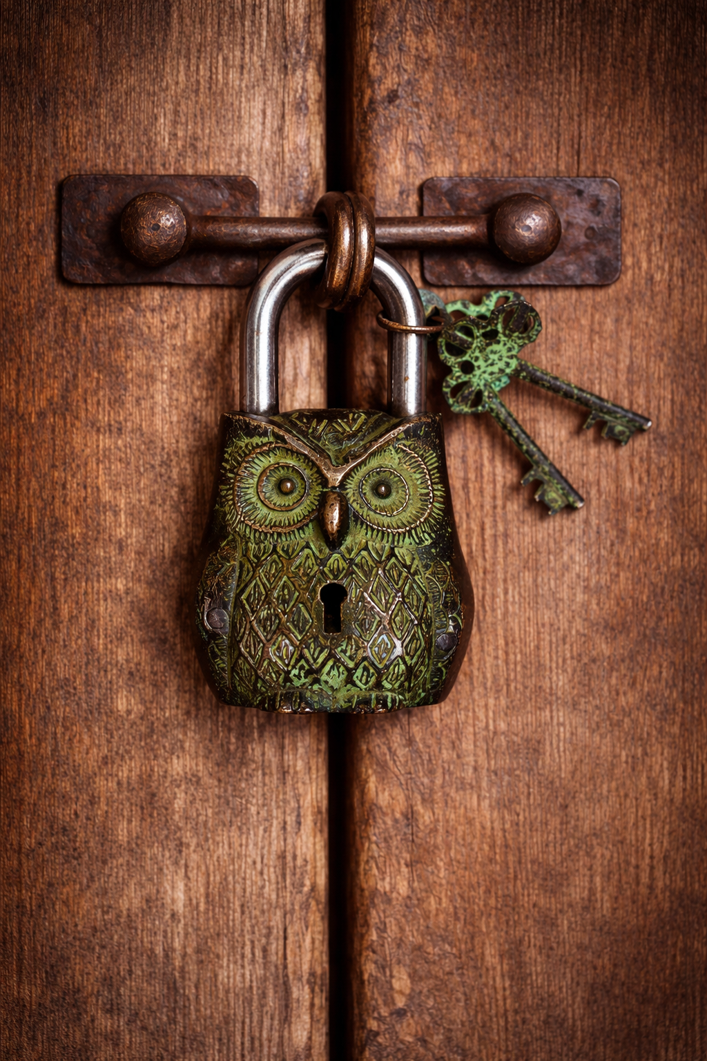 Owl-shaped padlock on a wooden door with a key